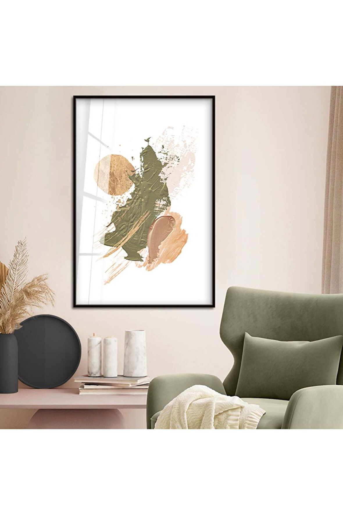 Gümüş Metal Çerçeveli Kolaj Çizim Soyut Tema Kırılmaz Cam Tablo