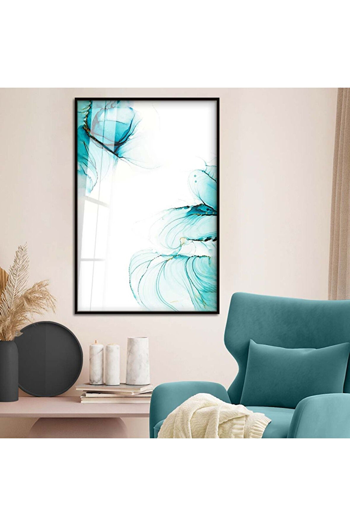 Gümüş Metal Çerçeveli Soyut Tema Modern Çizim Kırılmaz Cam Tablo