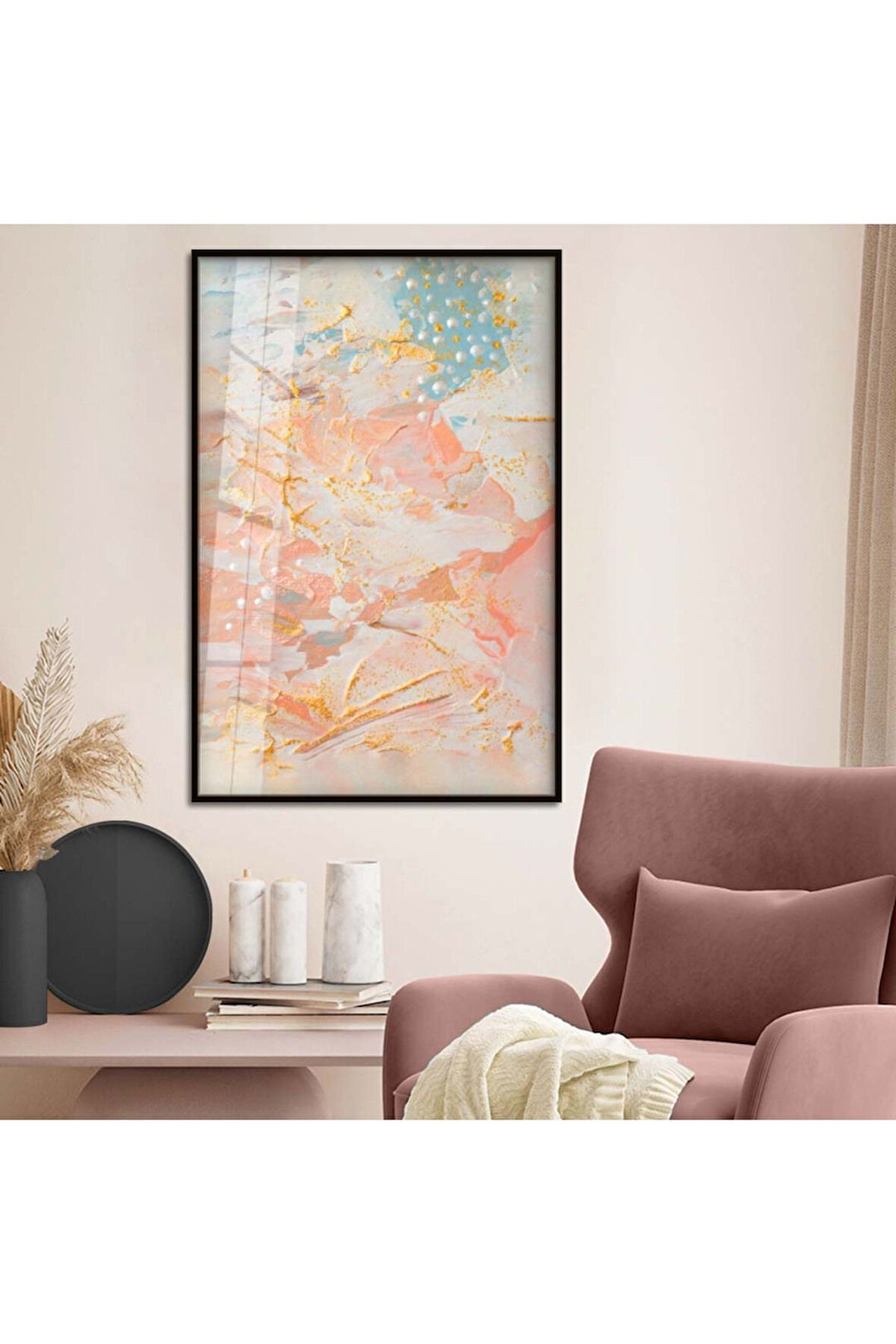 Gümüş Metal Çerçeveli Soyut Tema Renkli Desen Kırılmaz Cam Tablo