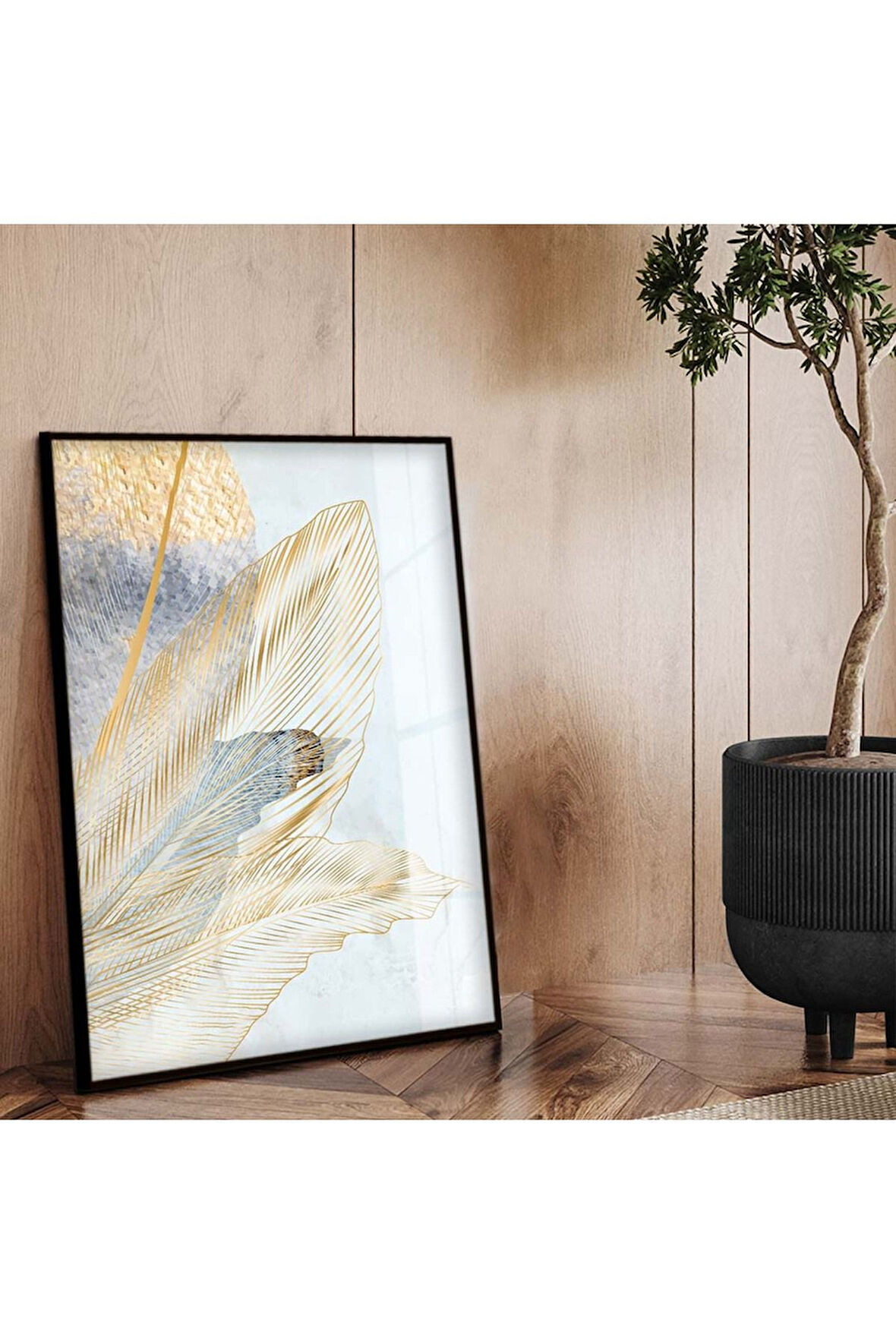 Siyah Metal Çerçeveli Modern Çizim Yaprak Desen Kırılmaz Cam Tablo