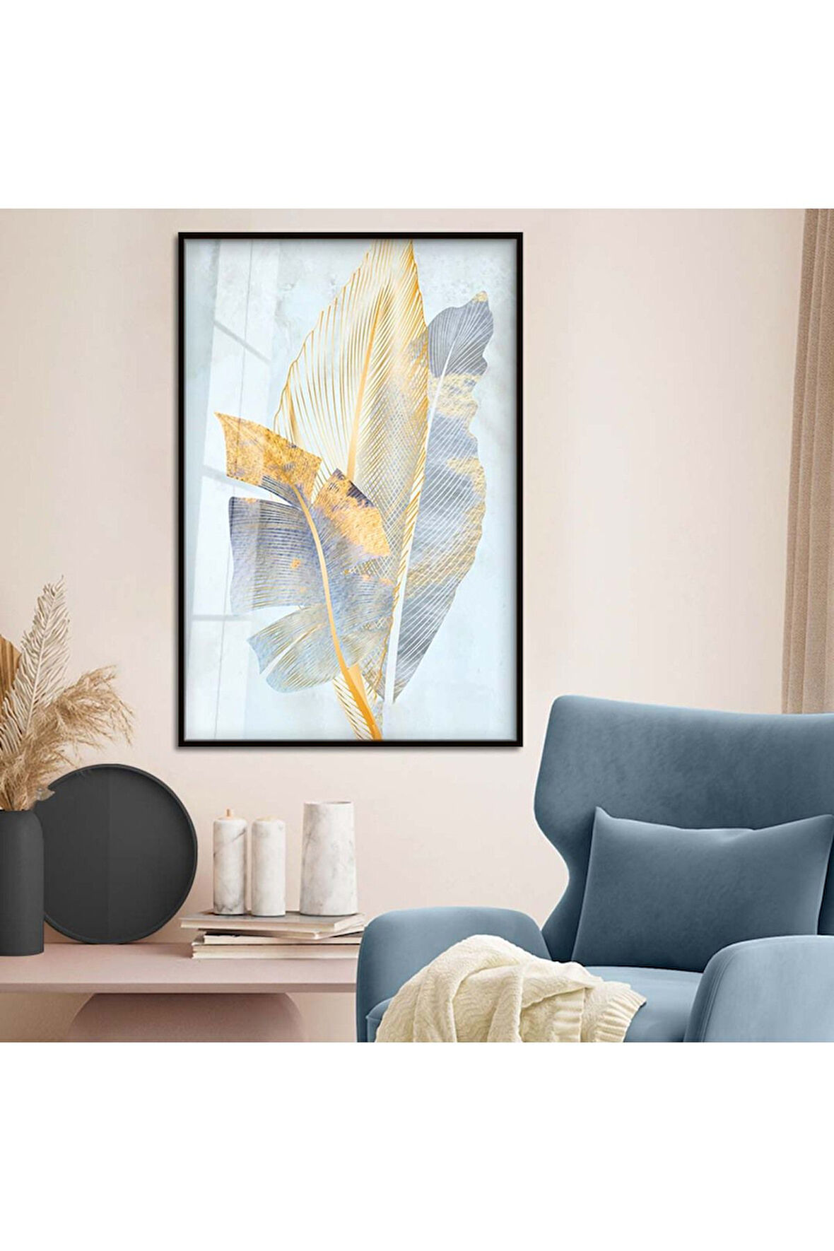 Gümüş Metal Çerçeveli Modern Çizim Yaprak Desen Kırılmaz Cam Tablo