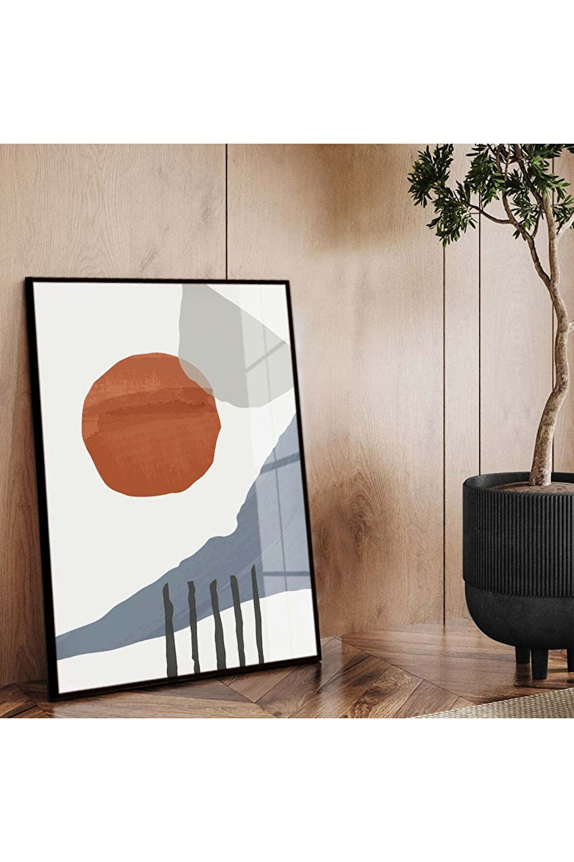 Siyah Metal Çerçeveli Kolaj Çizim Soyut Tema Kırılmaz Cam Tablo