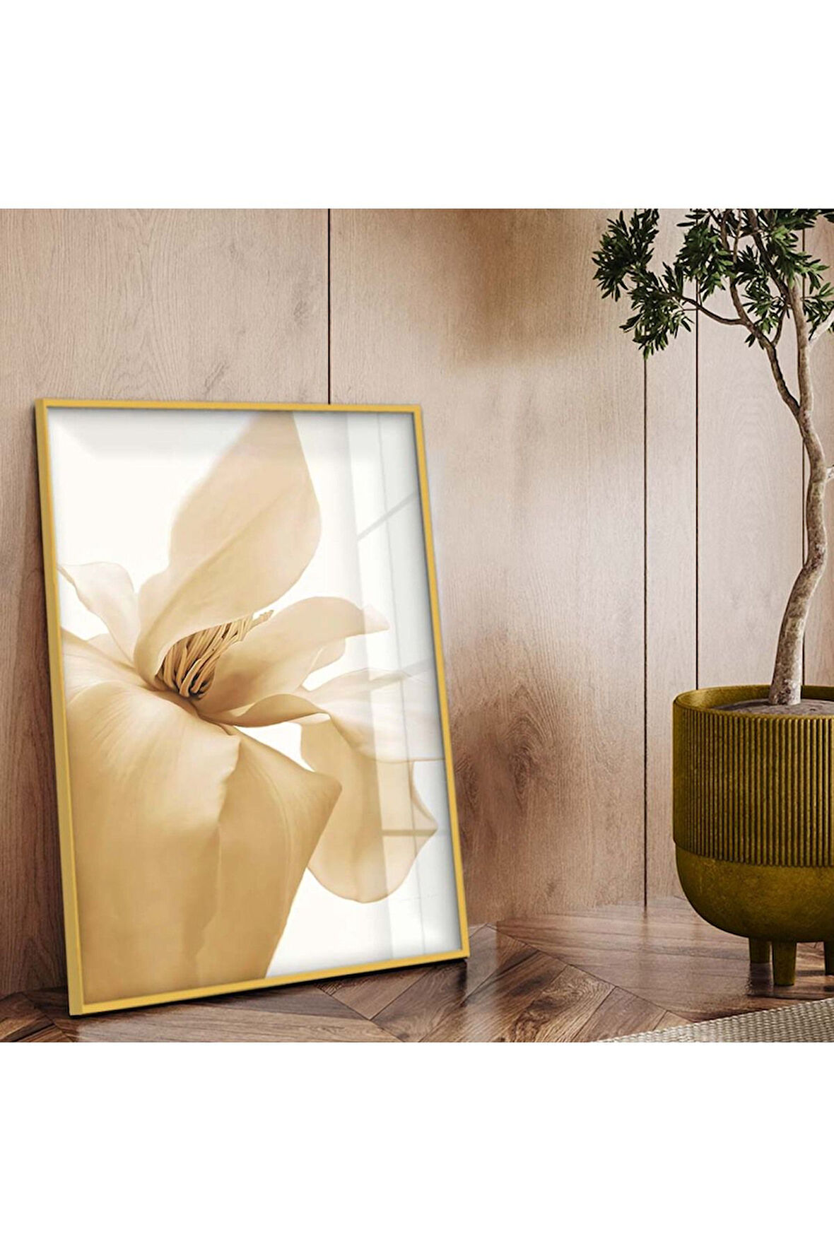 Gold Metal Çerçeveli Çiçek Desen Kırılmaz Cam Tablo