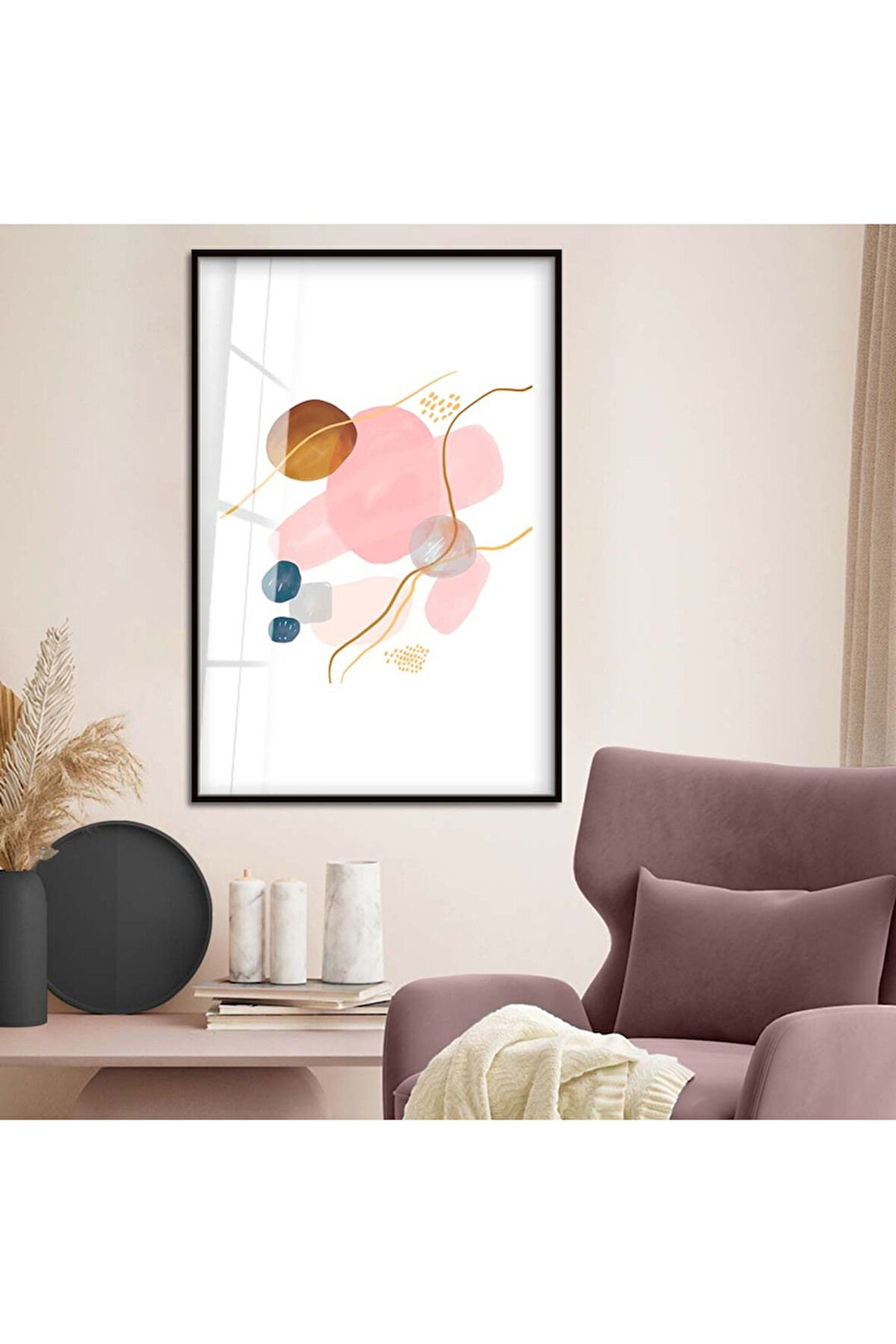 Gümüş Metal Çerçeveli Kolaj Çizim Soyut Tema Kırılmaz Cam Tablo