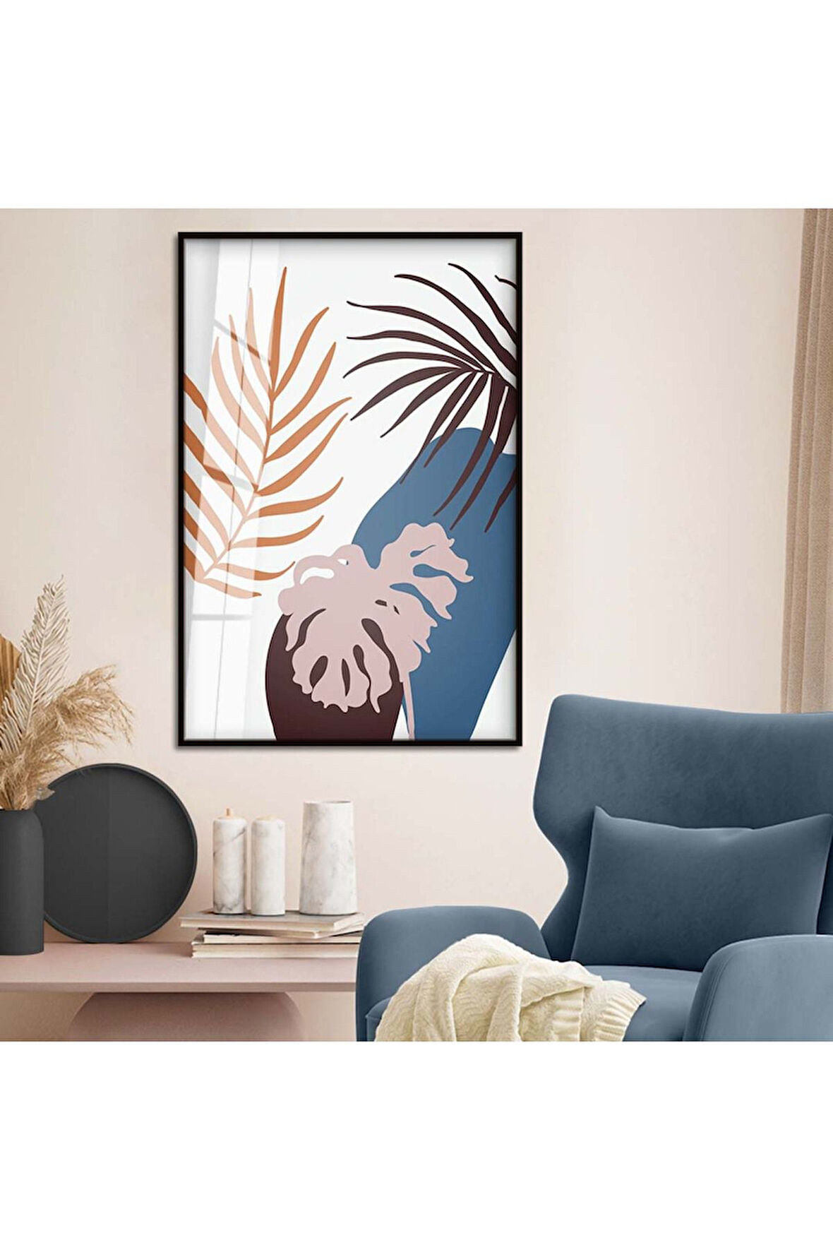 Gümüş Metal Çerçeveli Kolaj Çizim Yaprak Tema Kırılmaz Cam Tablo