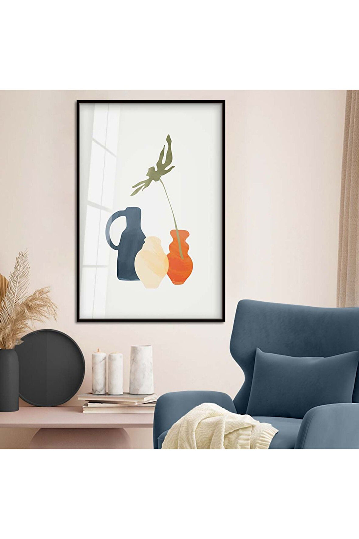 Gümüş Metal Çerçeveli Modern Çizim Vazo Tema Kırılmaz Cam Tablo