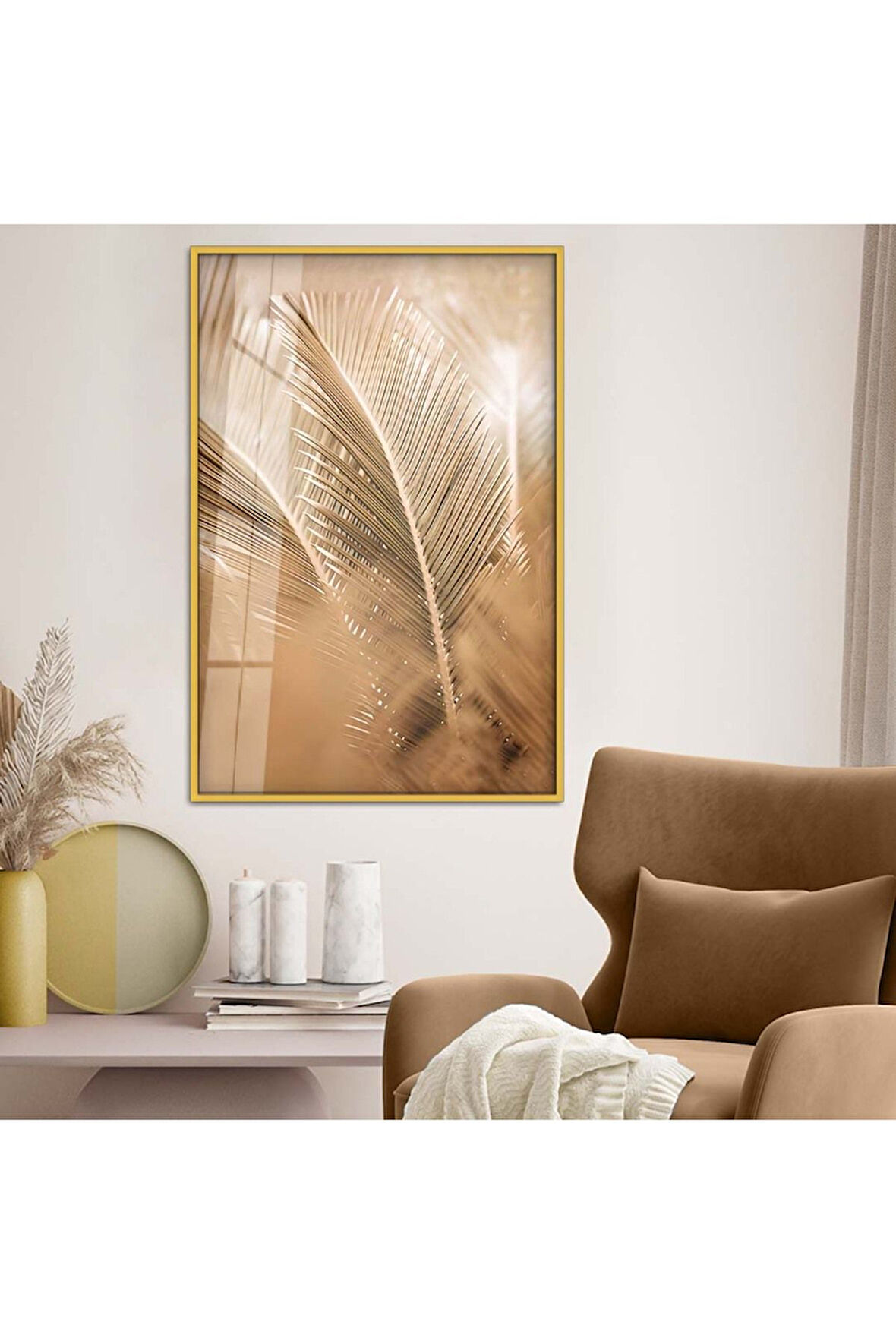 Gümüş Metal Çerçeveli Yaprak Desen Kırılmaz Cam Tablo