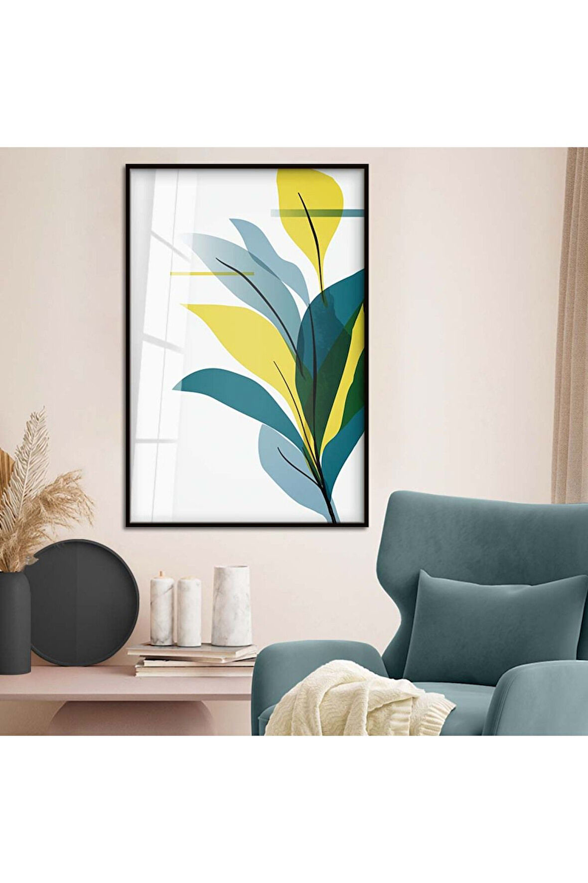 Gold Metal Çerçeveli Modern Çizim Yaprak Kırılmaz Cam Tablo