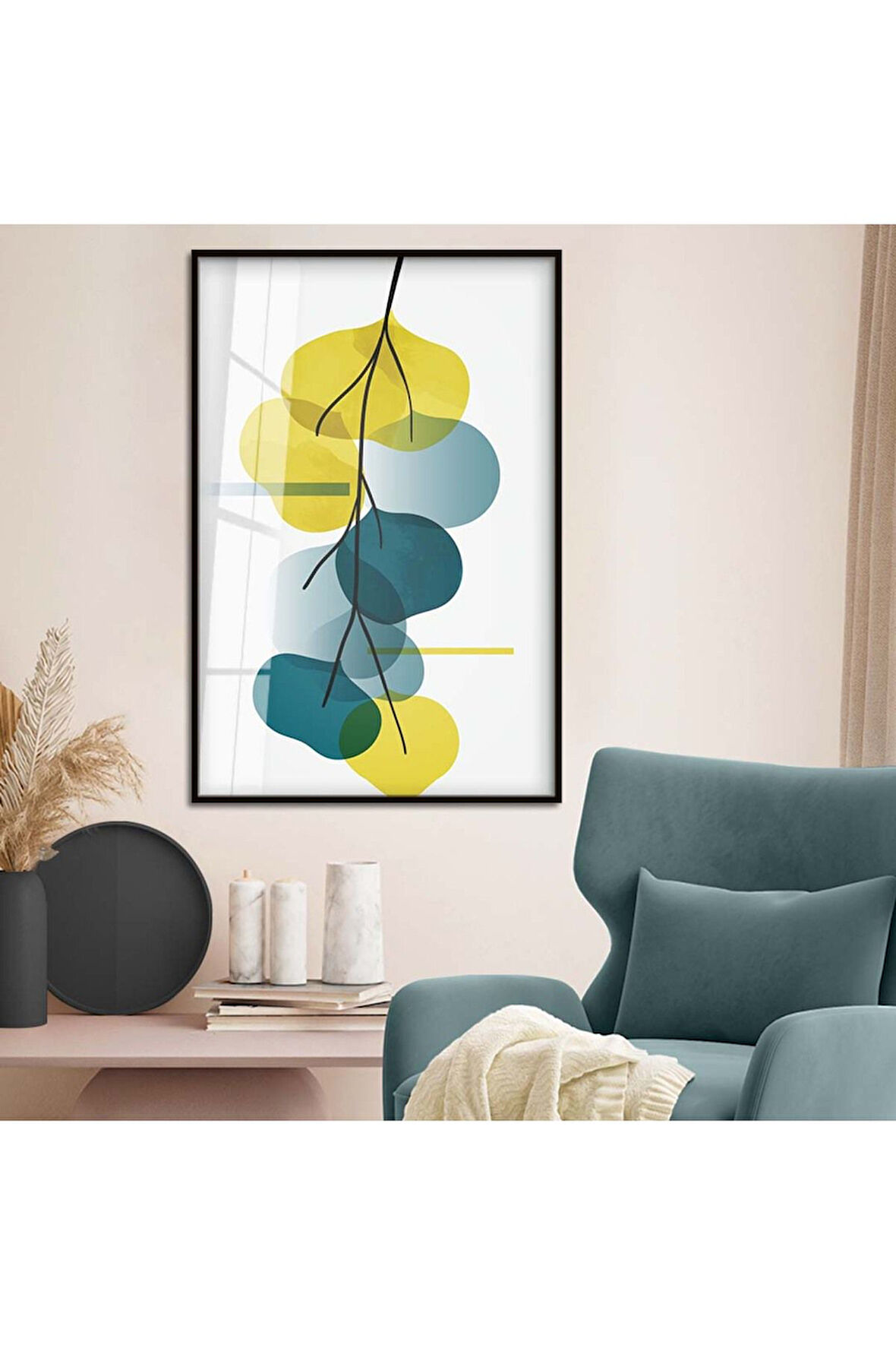 Gold Metal Çerçeveli Modern Çizim Yaprak Kırılmaz Cam Tablo