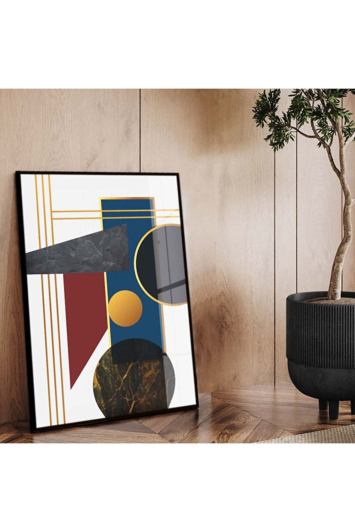 Siyah Metal Çerçeveli Modern Çizim Geometrik Desen Kırılmaz Cam Tablo