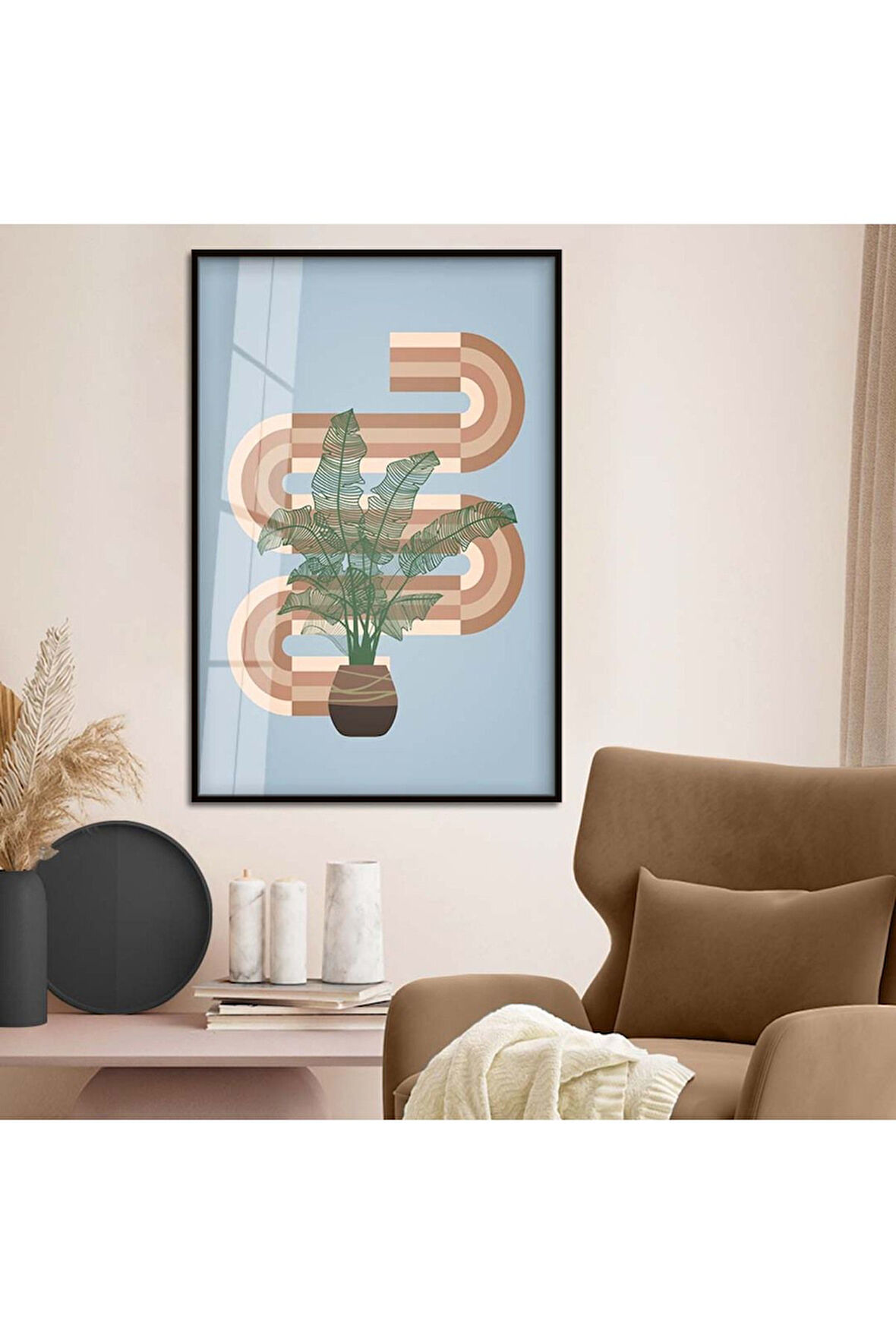 Gümüş Metal Çerçeveli Modern Çizim Bitki Tema Kırılmaz Cam Tablo