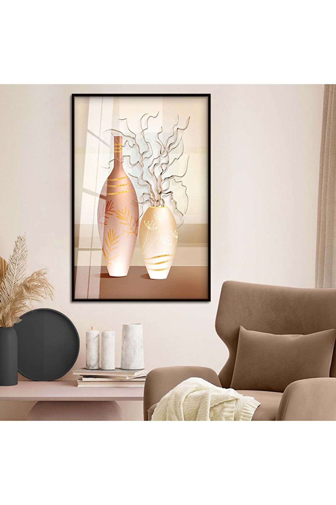 Gümüş Metal Çerçeveli Modern Çizim Vazo Tema Kırılmaz Cam Tablo