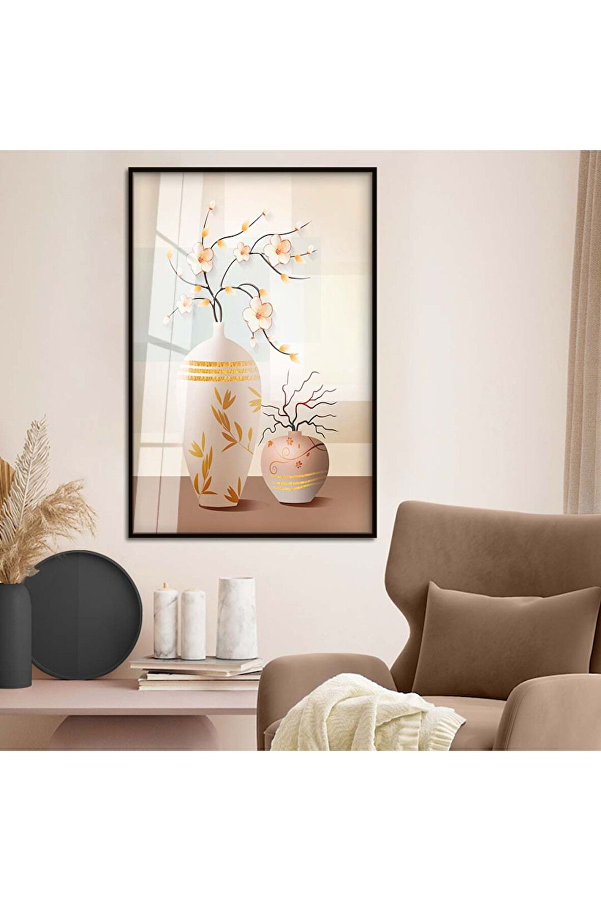 Gümüş Metal Çerçeveli Modern Çizim Vazo Tema Kırılmaz Cam Tablo