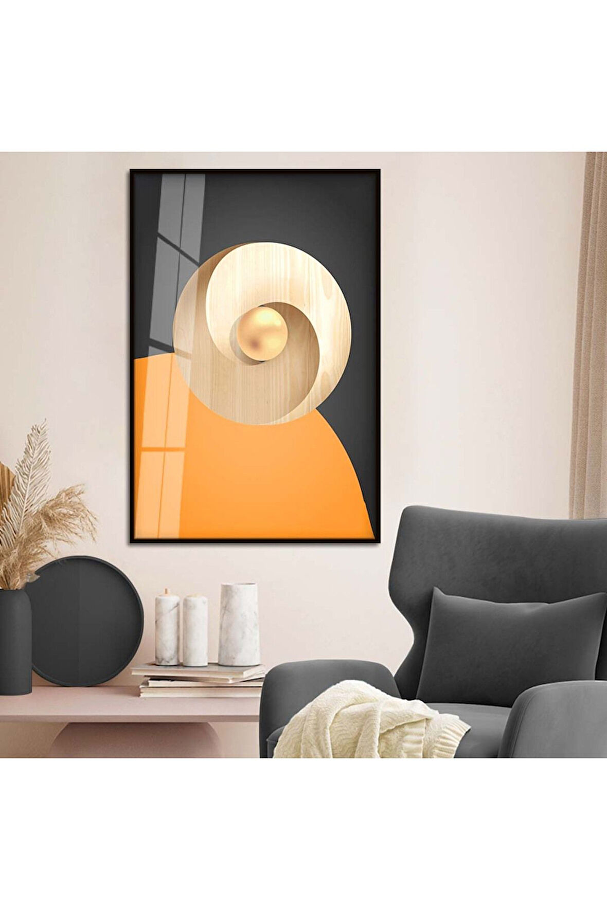 Gümüş Metal Çerçeveli Geometrik Çizim Soyut Tema Kırılmaz Cam Tablo