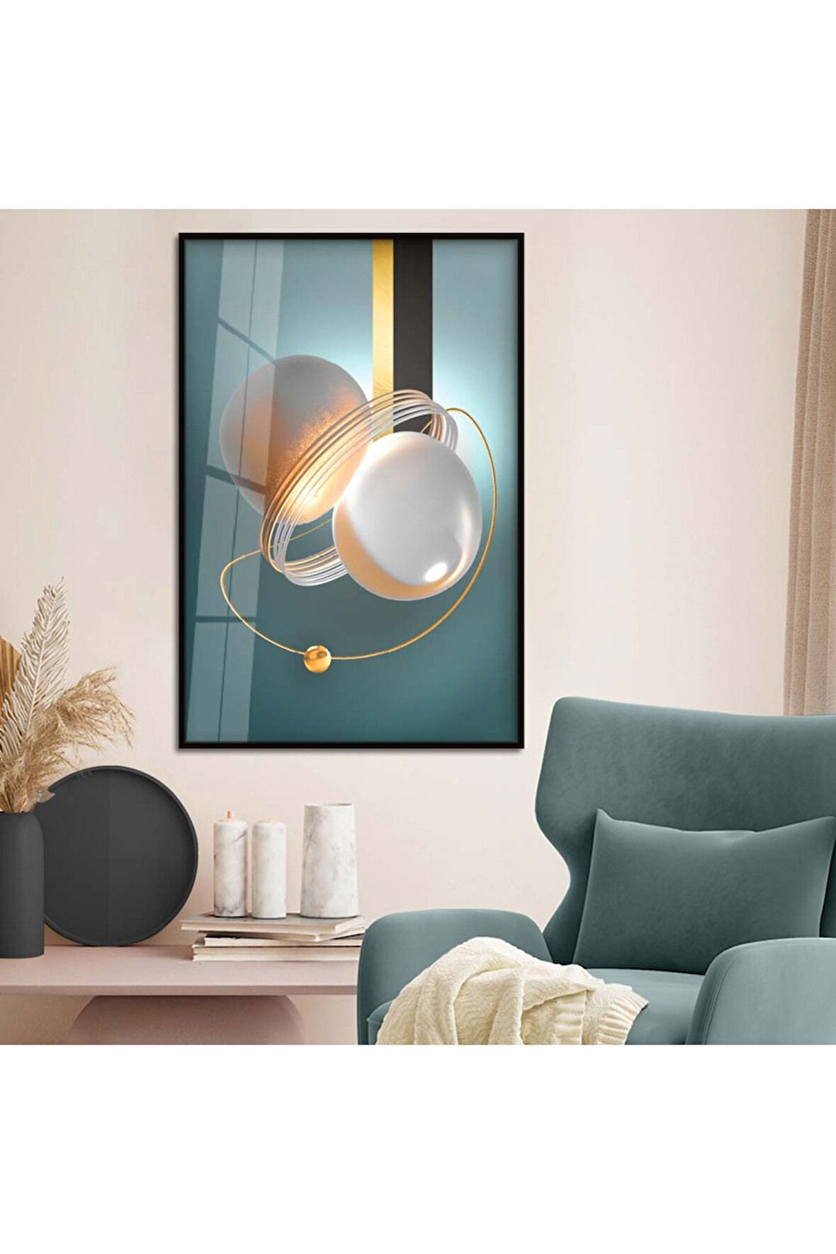 Gold Metal Çerçeveli Geometrik Çizim Soyut Tema Kırılmaz Cam Tablo