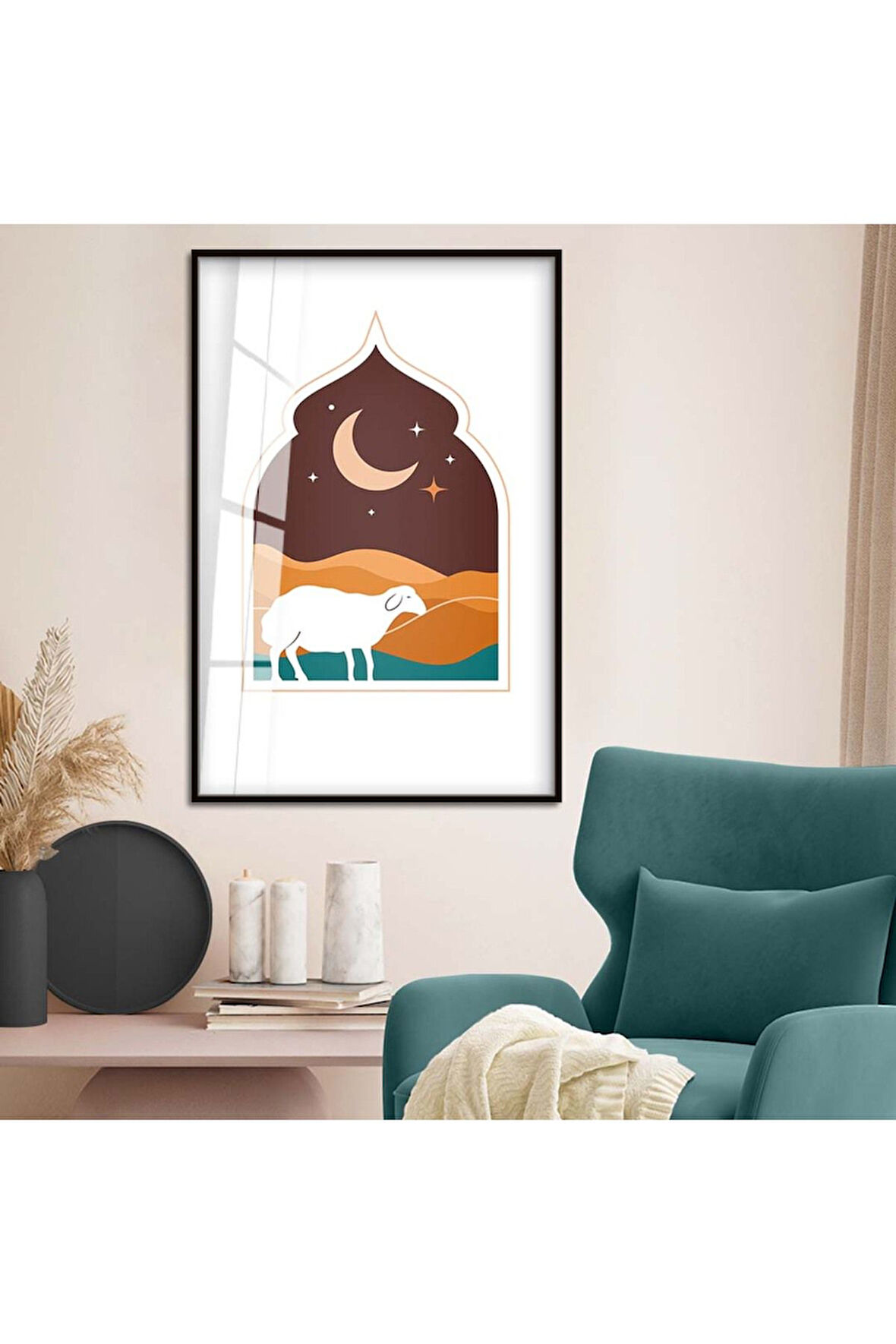 Gümüş Metal Çerçeveli Modern Çizim Koyun Figür Kırılmaz Cam Tablo