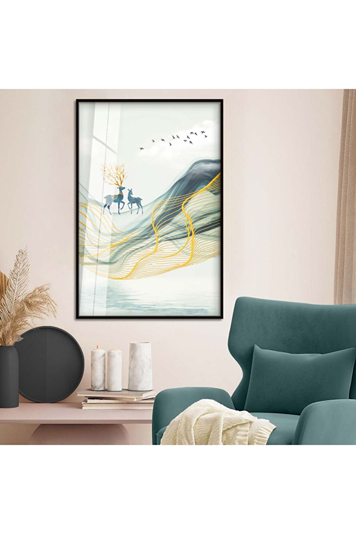 Gümüş Metal Çerçeveli Modern Çizim Soyut Tema Kırılmaz Cam Tablo