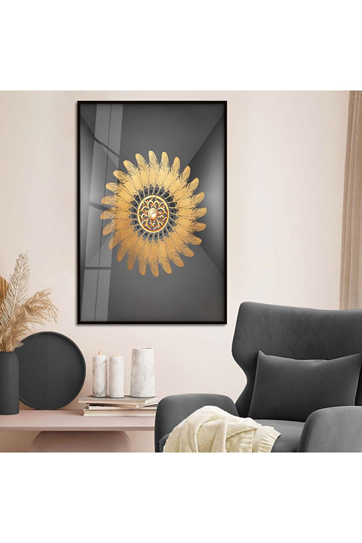 Gold Metal Çerçeveli Kolaj Çizim Modern Tema Kırılmaz Cam Tablo