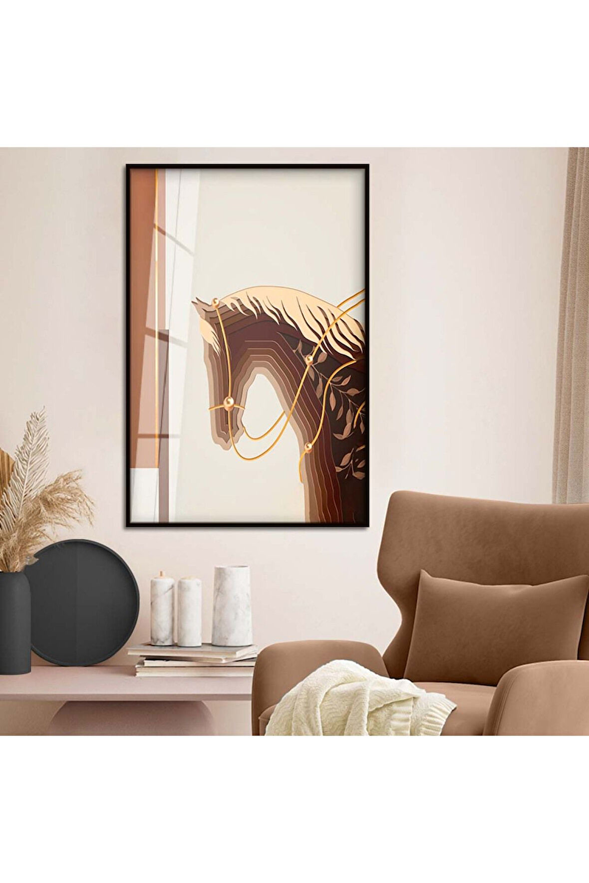 Gümüş Metal Çerçeveli Modern Çizim At Figür Kırılmaz Cam Tablo