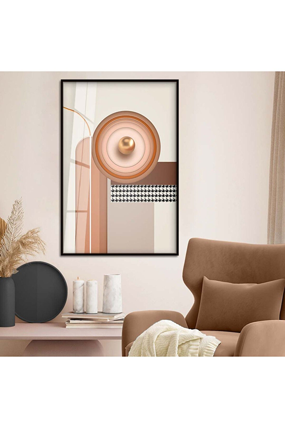 Gümüş Metal Çerçeveli Geometrik Çizim Soyut Tema Kırılmaz Cam Tablo