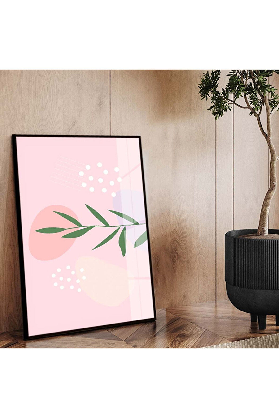 Siyah Metal Çerçeveli Modern Çizim Yaprak Tema Kırılmaz Cam Tablo