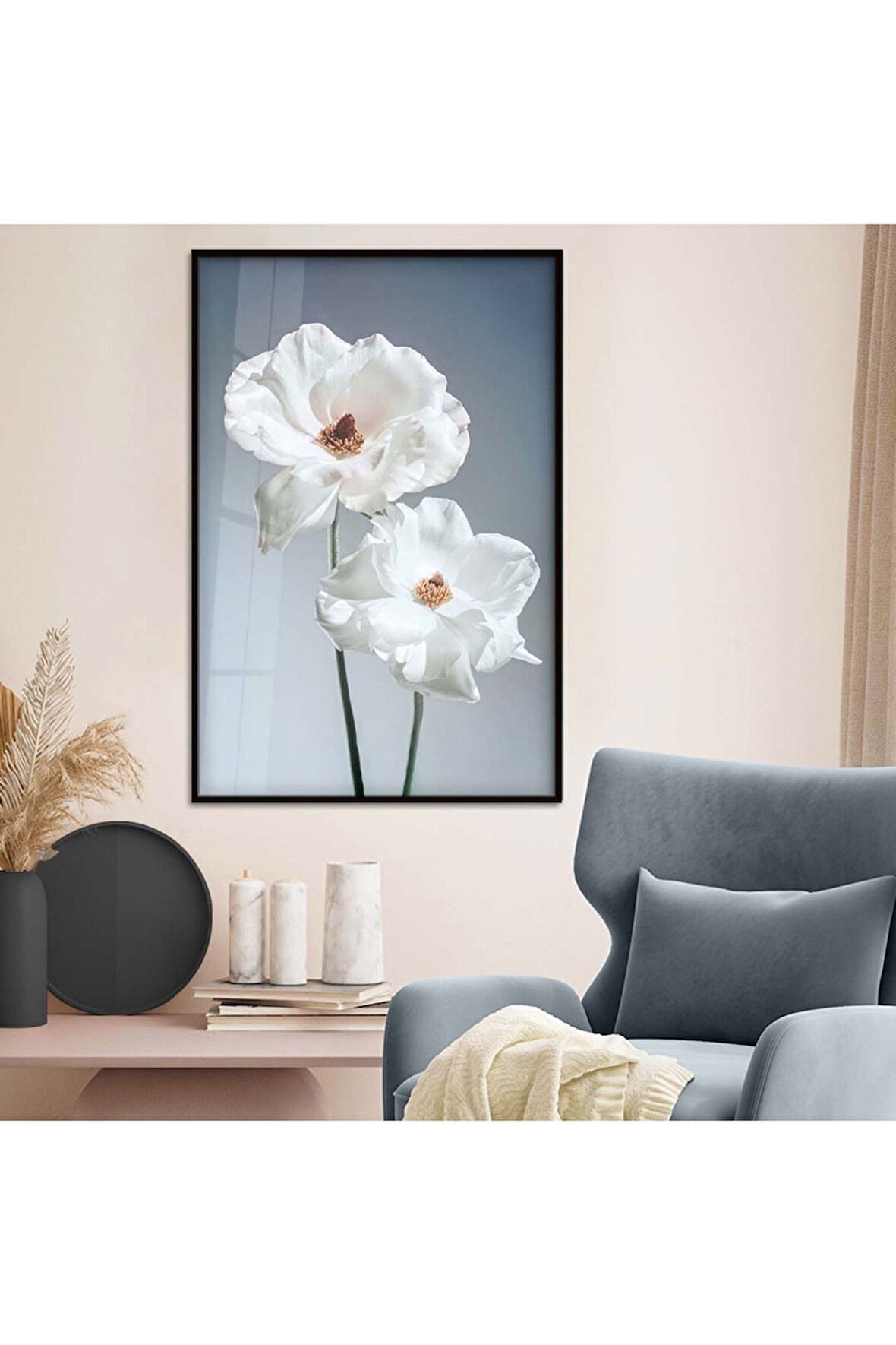 Gold Metal Çerçeveli Beyaz Çiçek Kırılmaz Cam Tablo