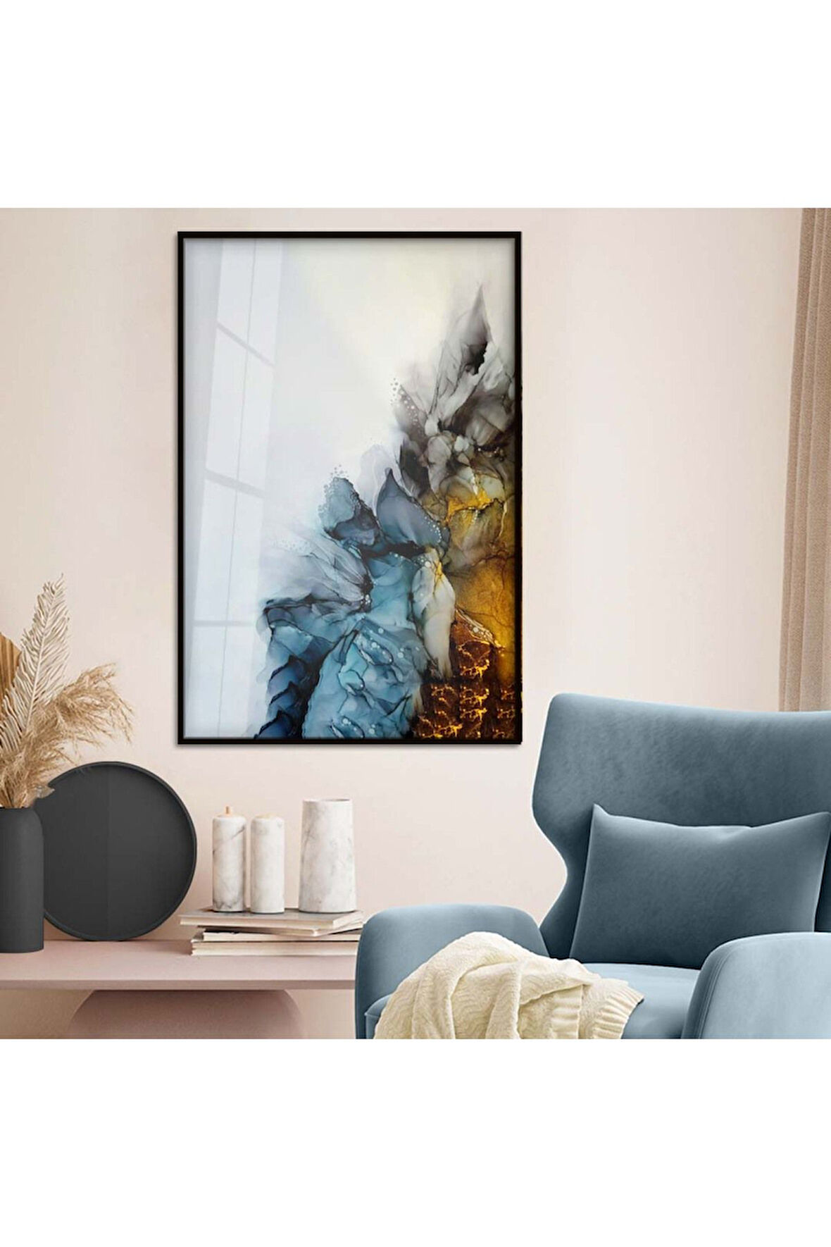 Gümüş Metal Çerçeveli Modern Çizim Soyut Tema Kırılmaz Cam Tablo