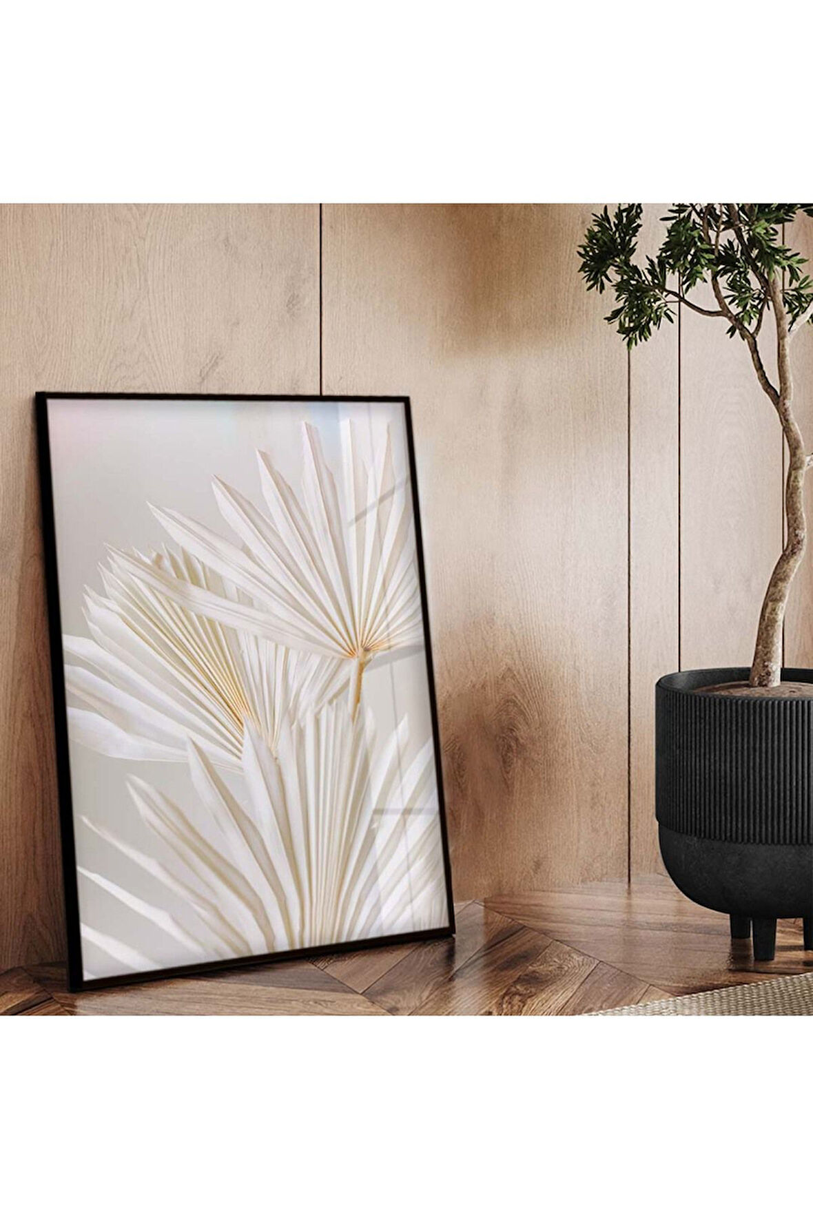 Siyah Metal Çerçeveli Beyaz Çiçek Kırılmaz Cam Tablo