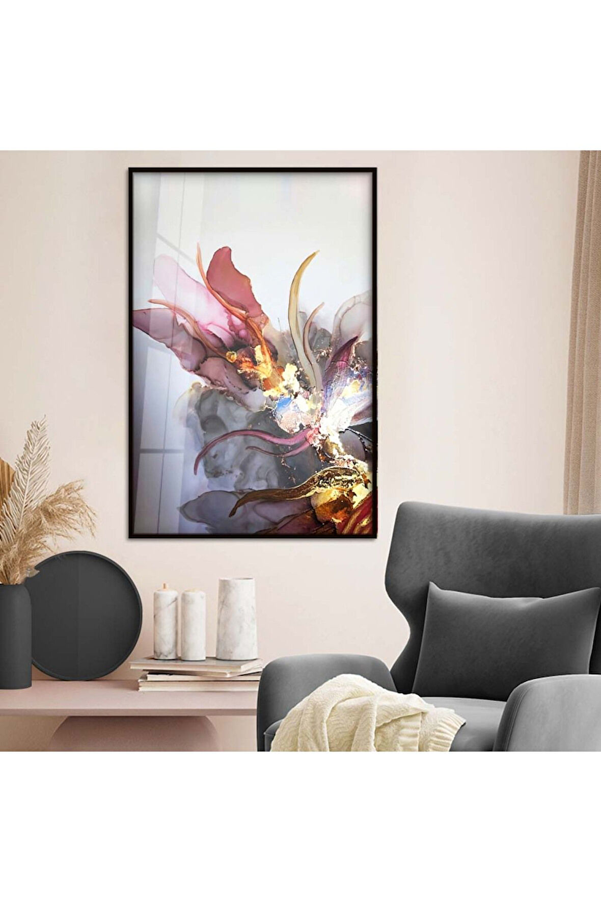 Gümüş Metal Çerçeveli Renkli Çiçek Modern Çizim Kırılmaz Cam Tablo