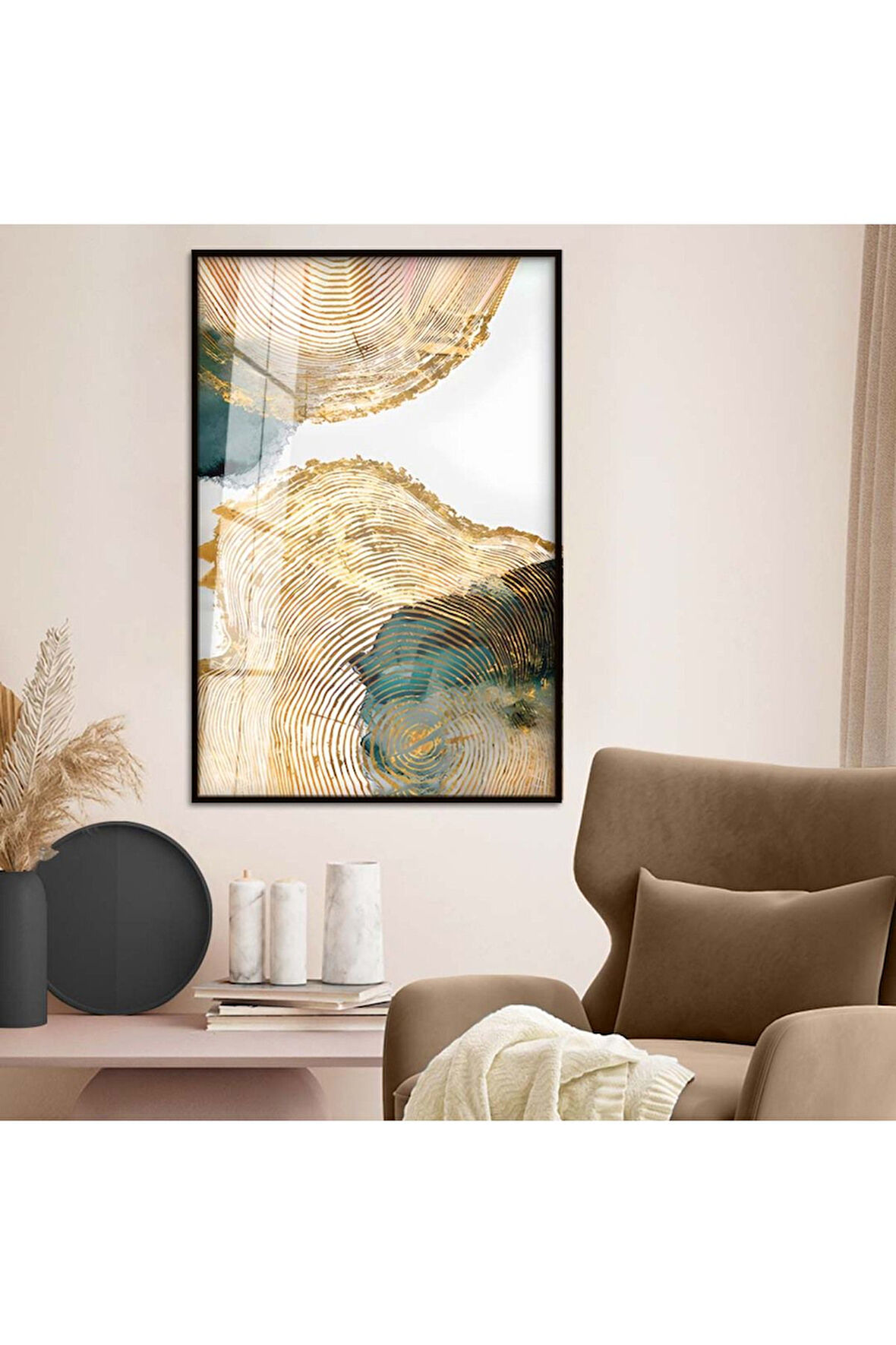 Gümüş Metal Çerçeveli Soyut Çizim Kırılmaz Cam Tablo