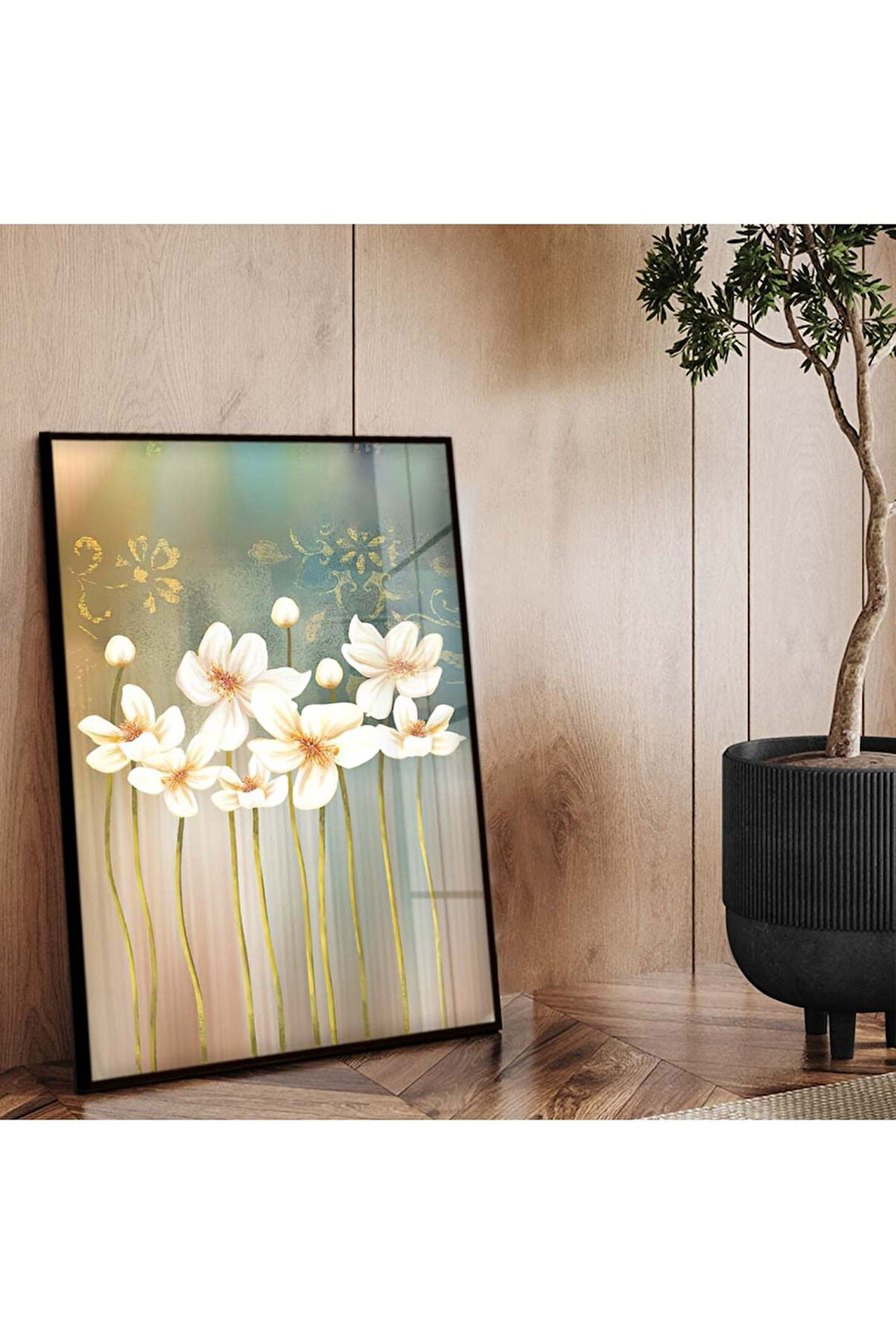 Siyah Metal Çerçeveli Beyaz Çiçek Kırılmaz Cam Tablo