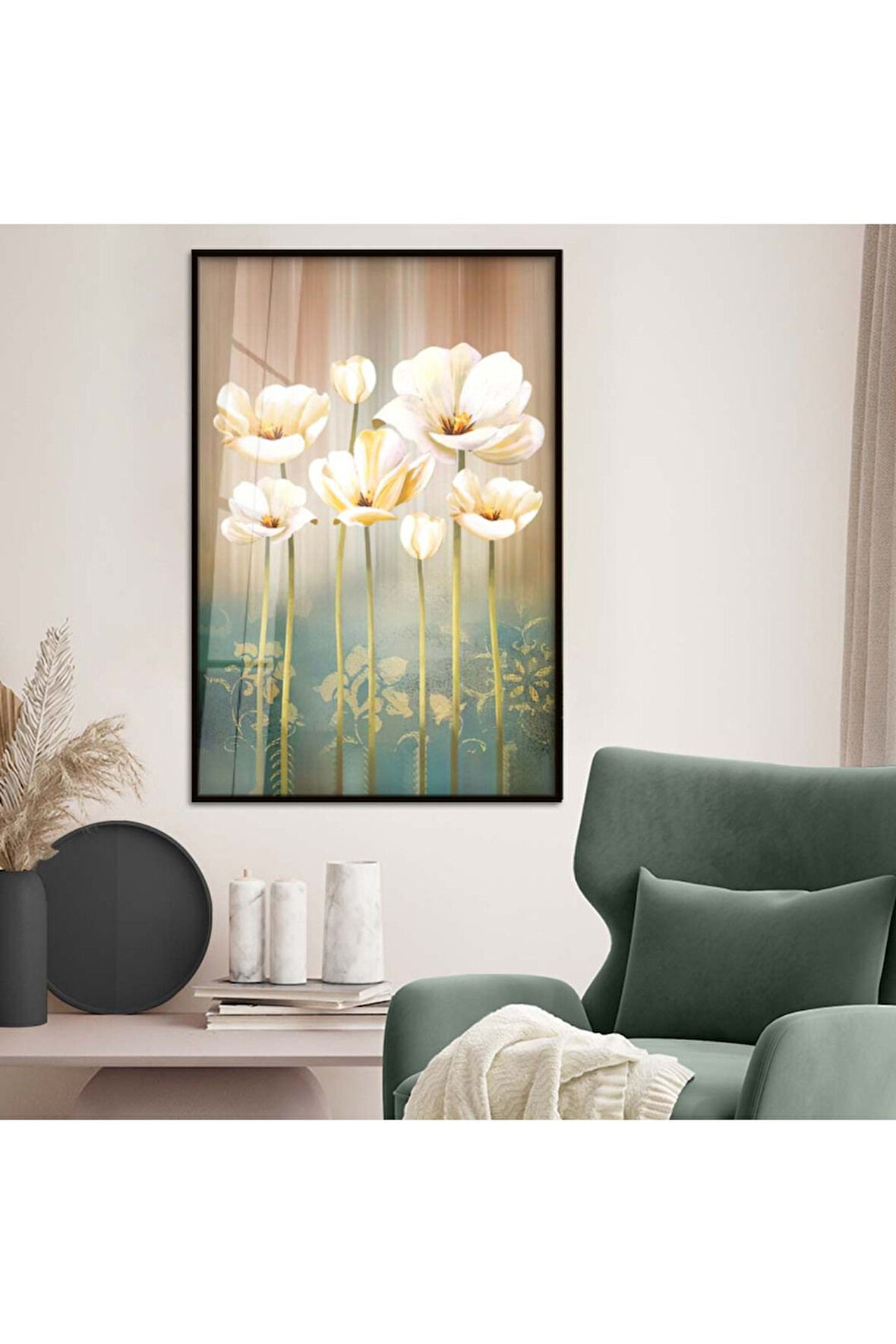 Gold Metal Çerçeveli Beyaz Çiçek Kırılmaz Cam Tablo