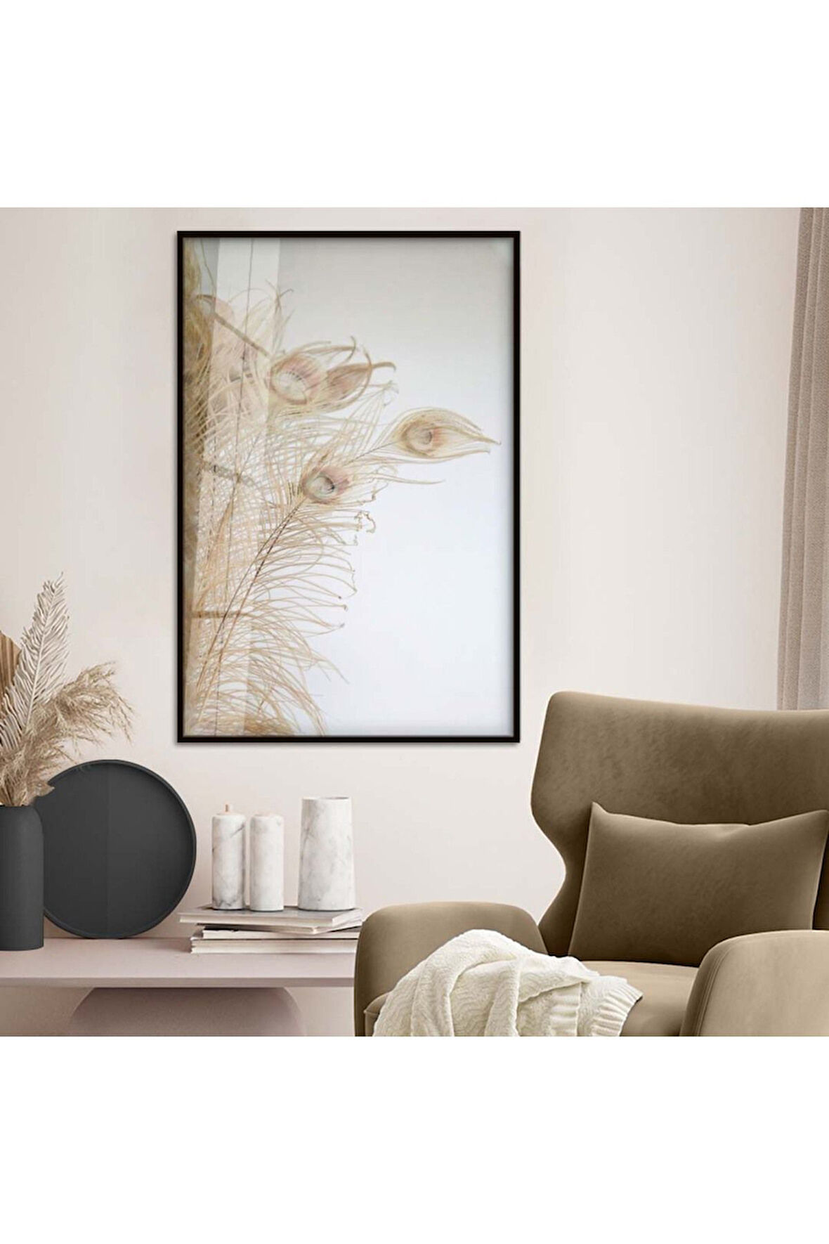 Gümüş Metal Çerçeveli Kurutulmuş Tüy Desen Kırılmaz Cam Tablo