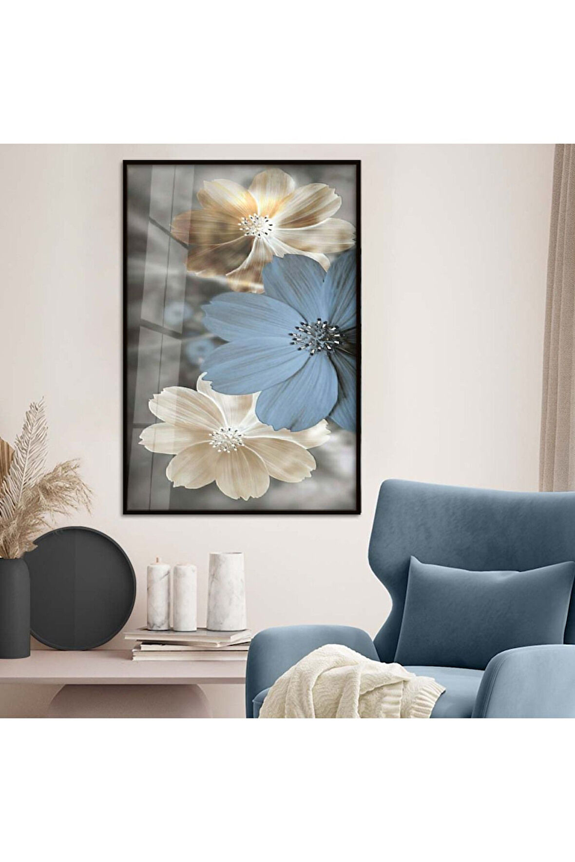 Gümüş Metal Çerçeveli Çiçek Desen Kırılmaz Cam Tablo