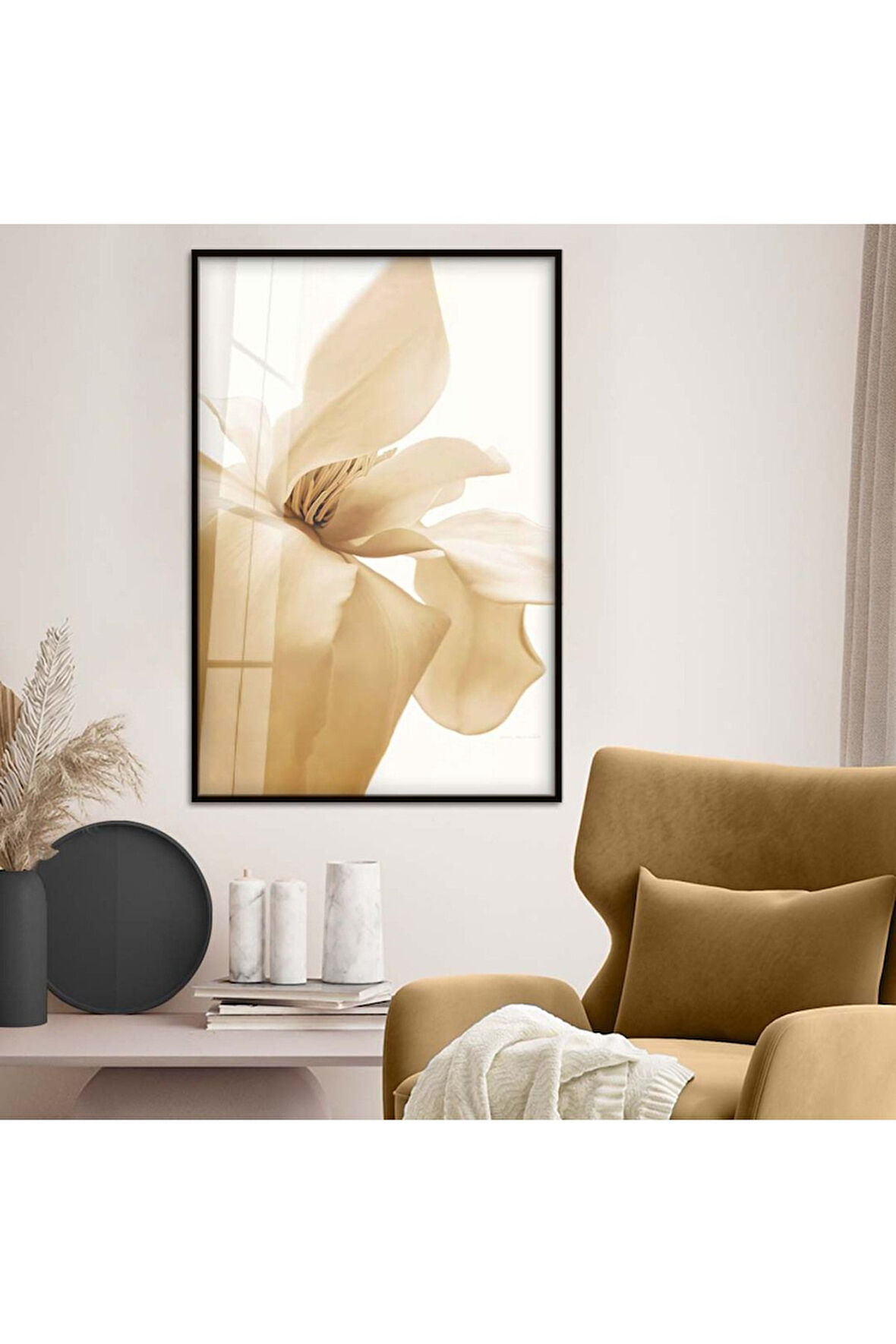 Gold Metal Çerçeveli Çiçek Desen Kırılmaz Cam Tablo