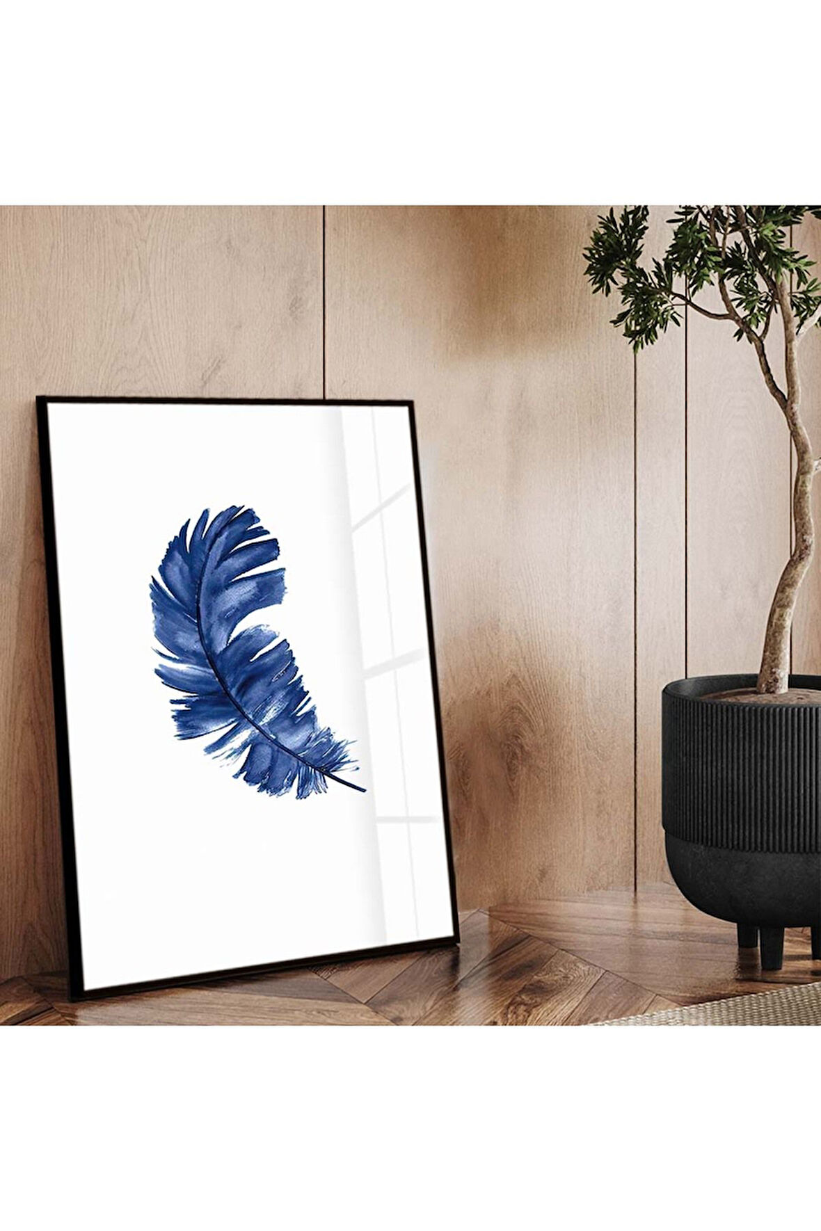 Siyah Metal Çerçeveli Mavi Tüy Desen Kırılmaz Cam Tablo