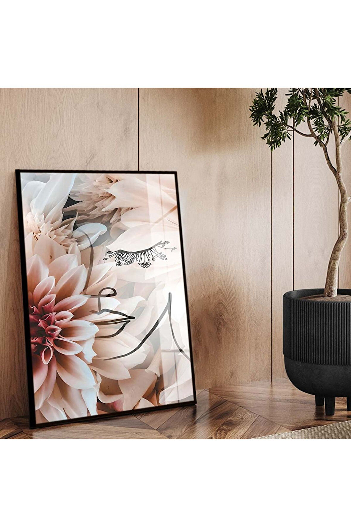 Gümüş Metal Çerçeveli Kolaj Çizim Çiçek Desen Kırılmaz Cam Tablo