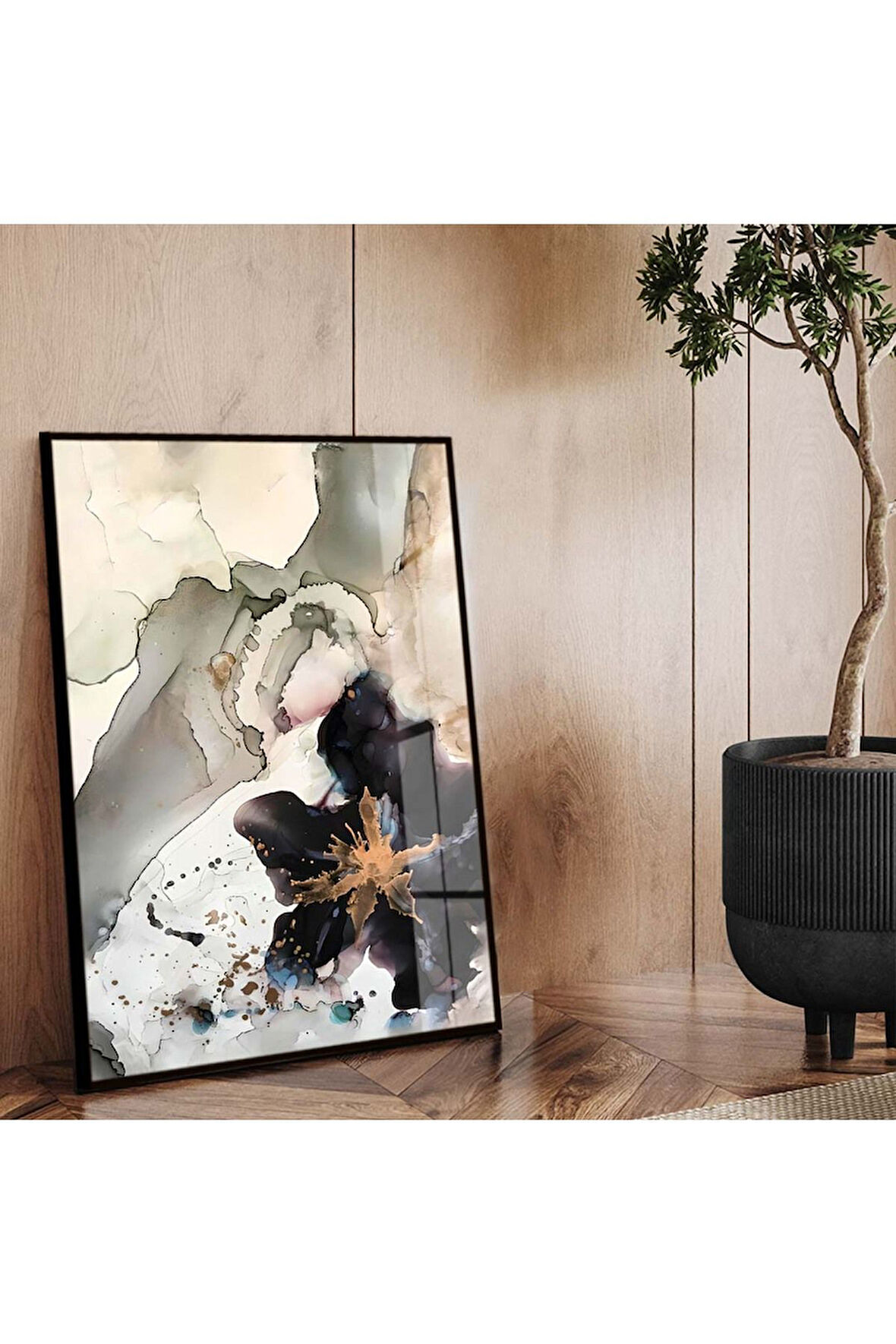 Siyah Metal Çerçeveli Soyut Tema Modern Çizim Kırılmaz Cam Tablo