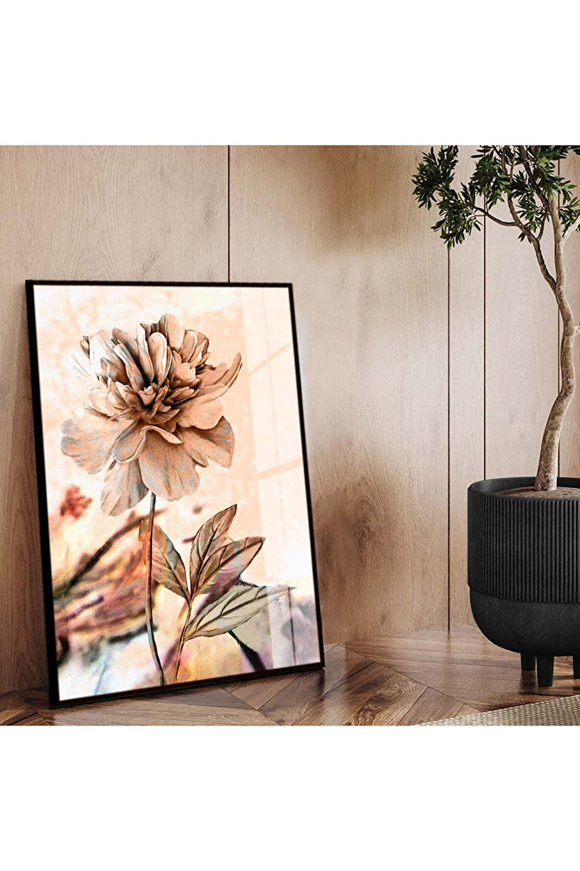 Siyah Metal Çerçeveli Çiçek Desen Modern Çizim Kırılmaz Cam Tablo