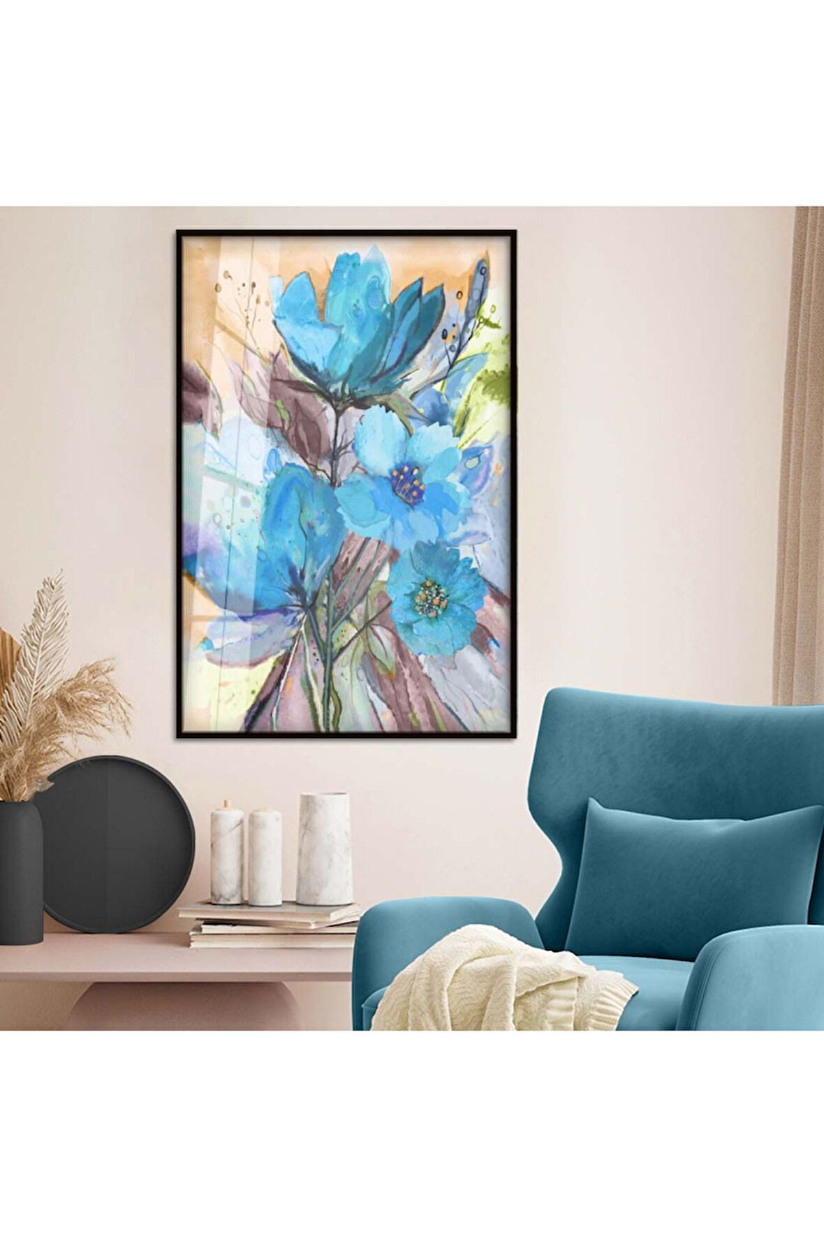 Gümüş Metal Çerçeveli Mavi Çiçek Modern Çizim Kırılmaz Cam Tablo