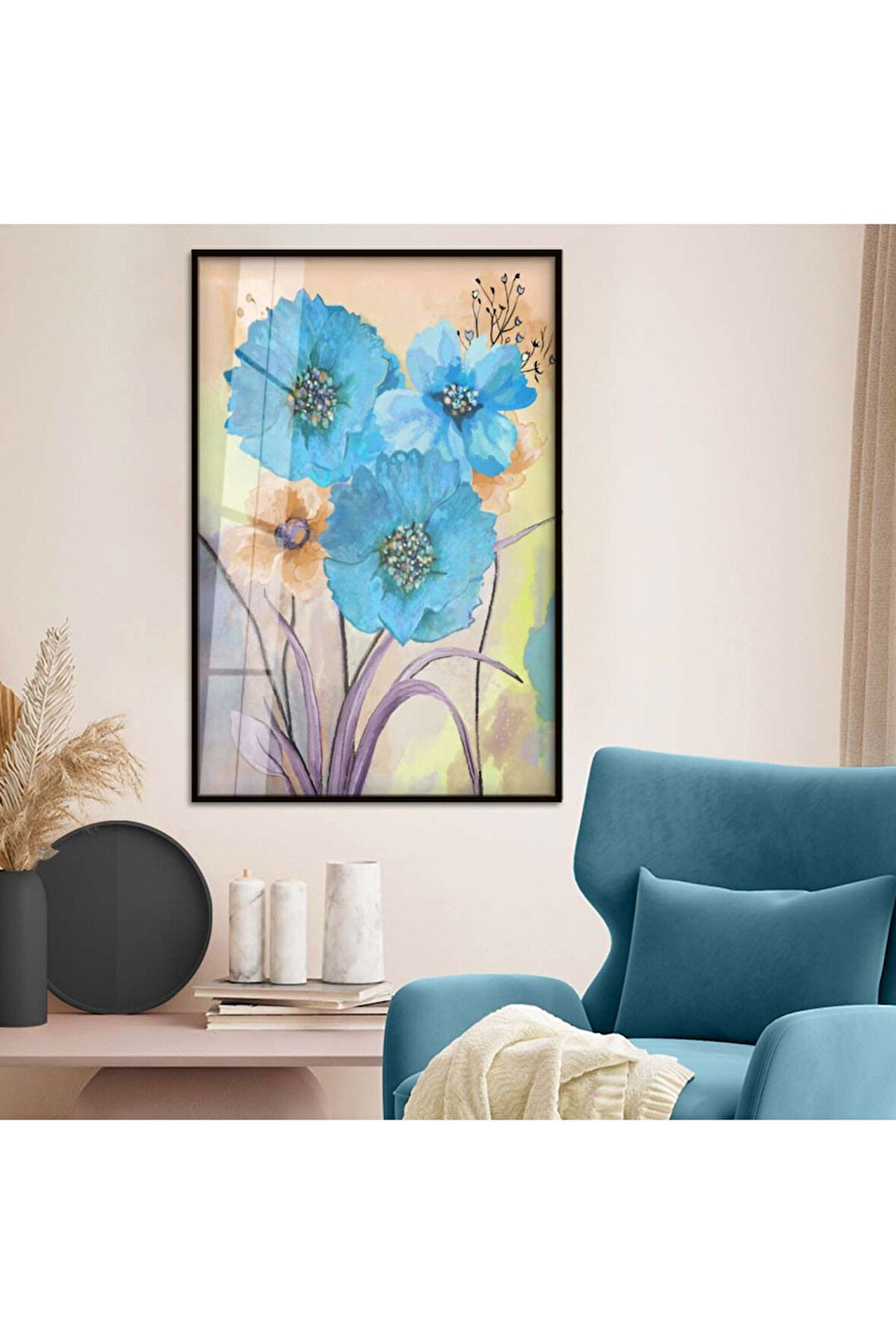 Gümüş Metal Çerçeveli Mavi Çiçek Modern Çizim Kırılmaz Cam Tablo