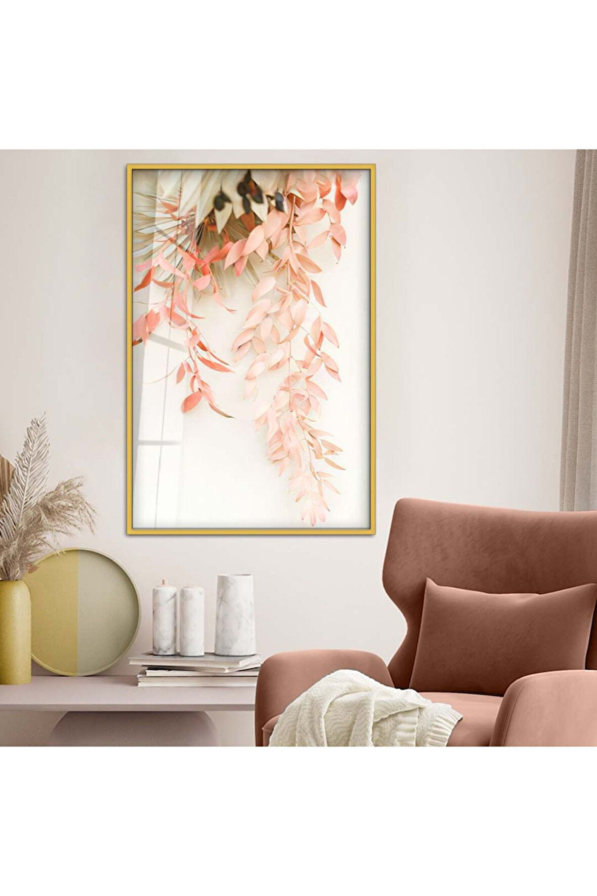 Siyah Metal Çerçeveli Yaprak Desen Kırılmaz Cam Tablo