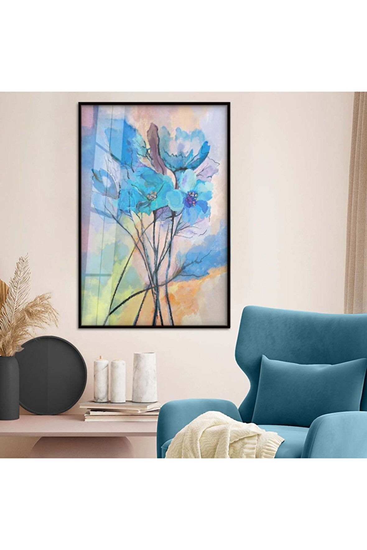 Gümüş Metal Çerçeveli Mavi Çiçek Modern Çizim Kırılmaz Cam Tablo
