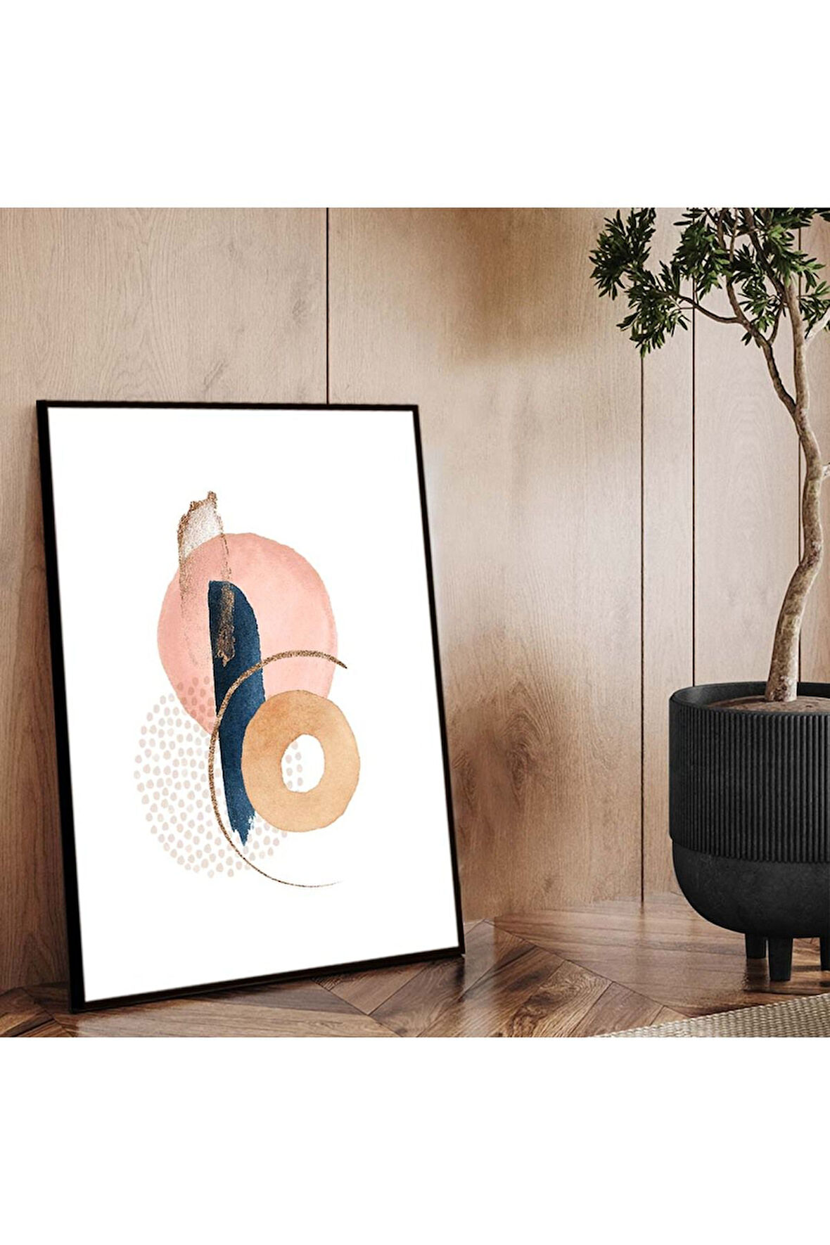 Siyah Metal Çerçeveli Kolaj Çizim Soyut Tema Kırılmaz Cam Tablo