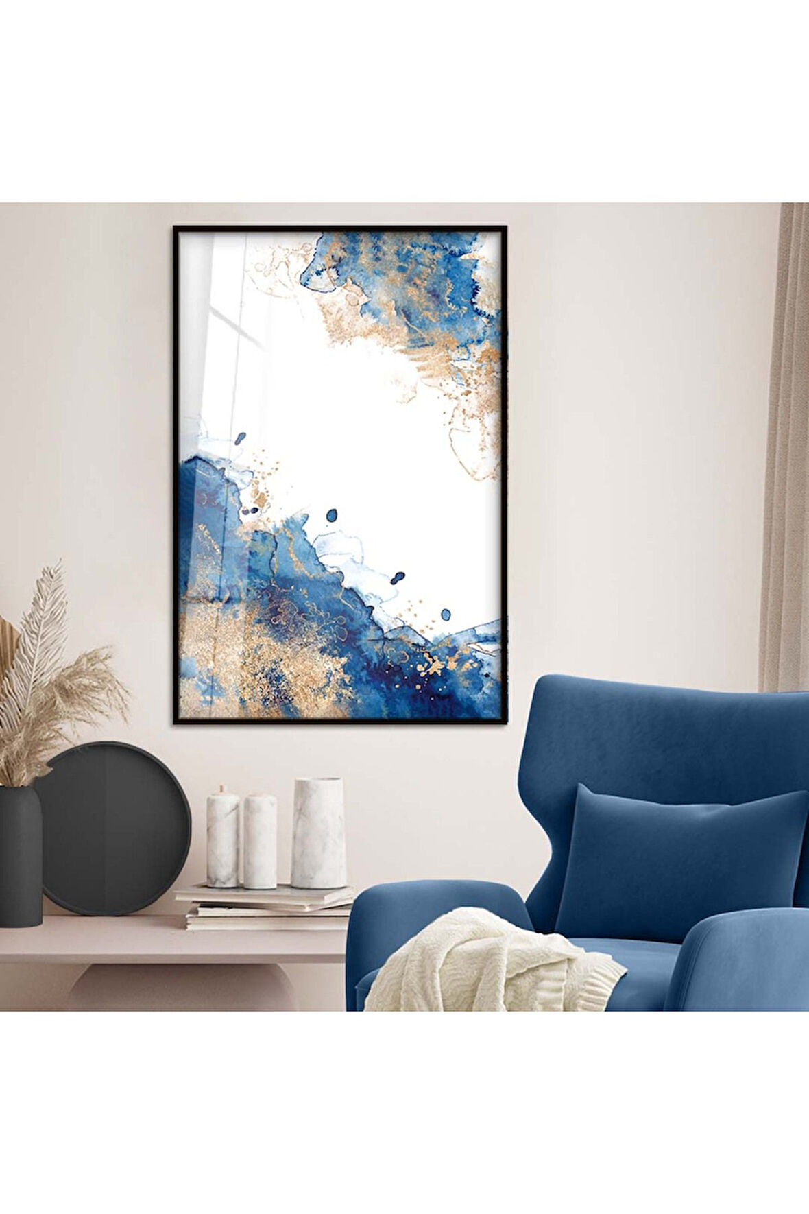 Gold Metal Çerçeveli Soyut Tema Modern Çizim Kırılmaz Cam Tablo