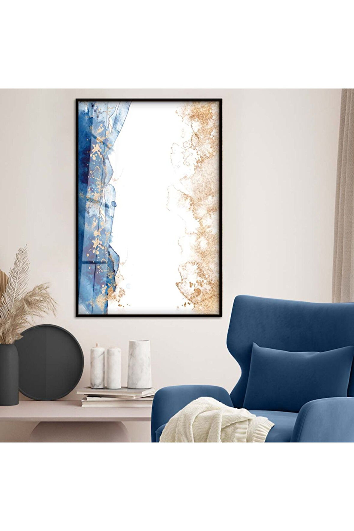 Gümüş Metal Çerçeveli Soyut Tema Modern Çizim Kırılmaz Cam Tablo