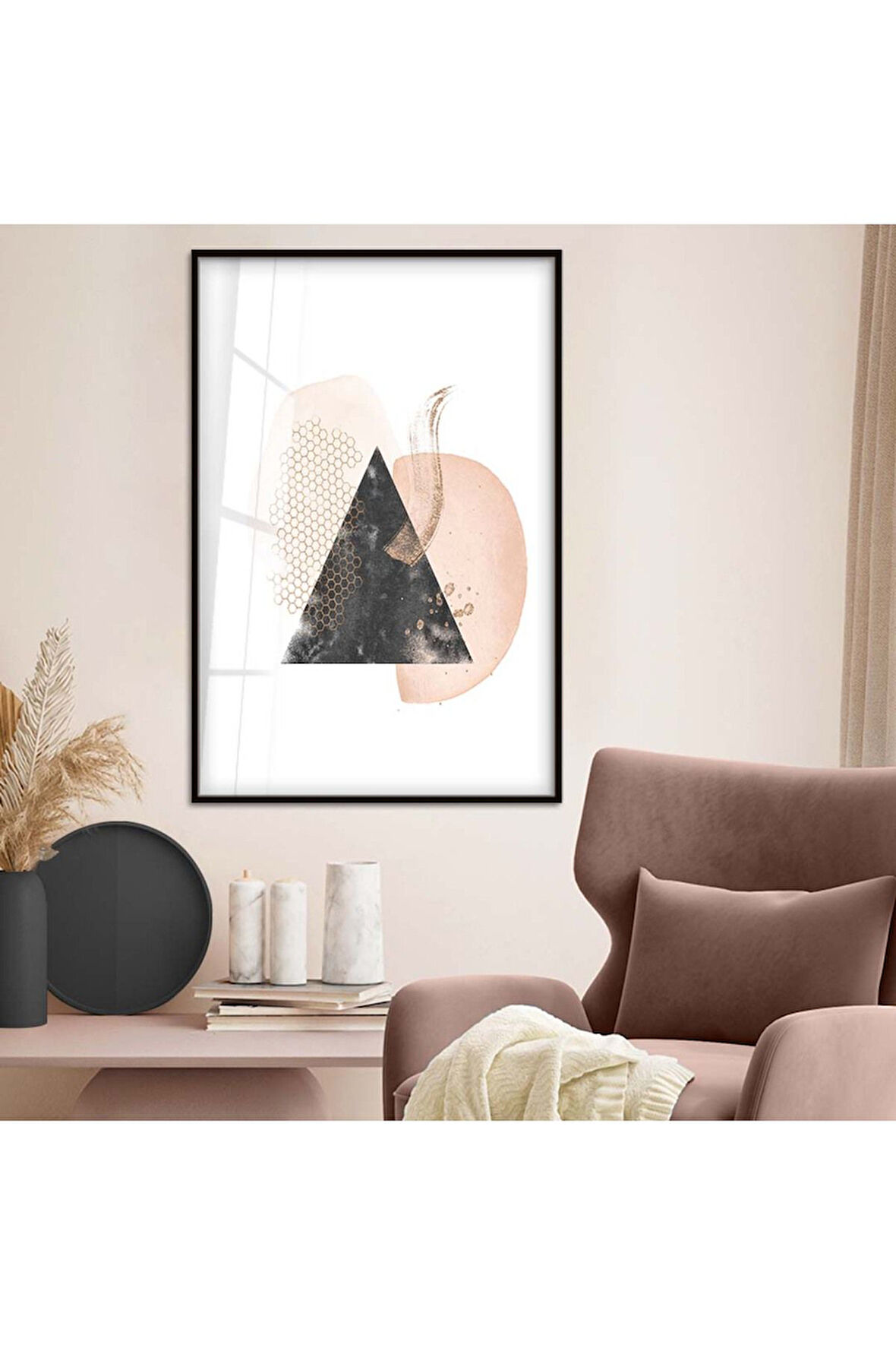 Gümüş Metal Çerçeveli Geometrik Desen Modern Çizim Kırılmaz Cam Tablo