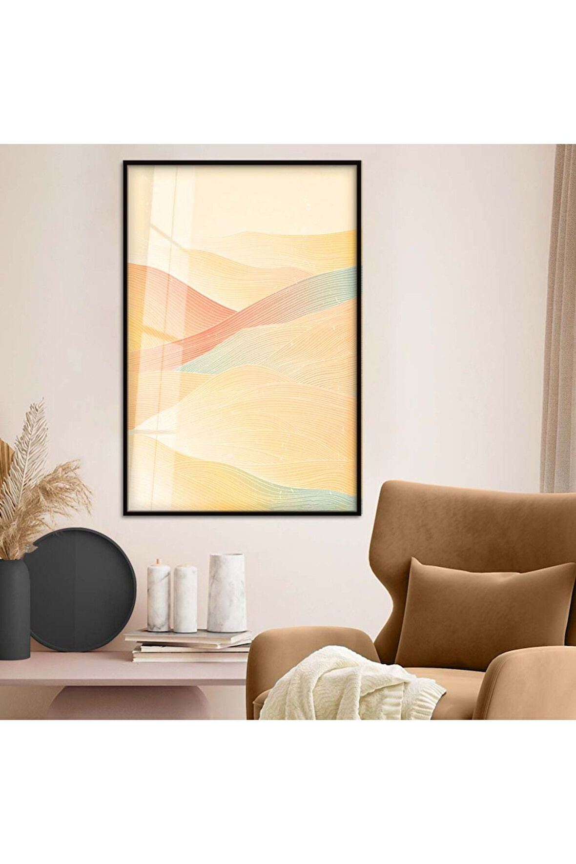 Gold Metal Çerçeveli Kolaj Çizim Soyut Tema Kırılmaz Cam Tablo