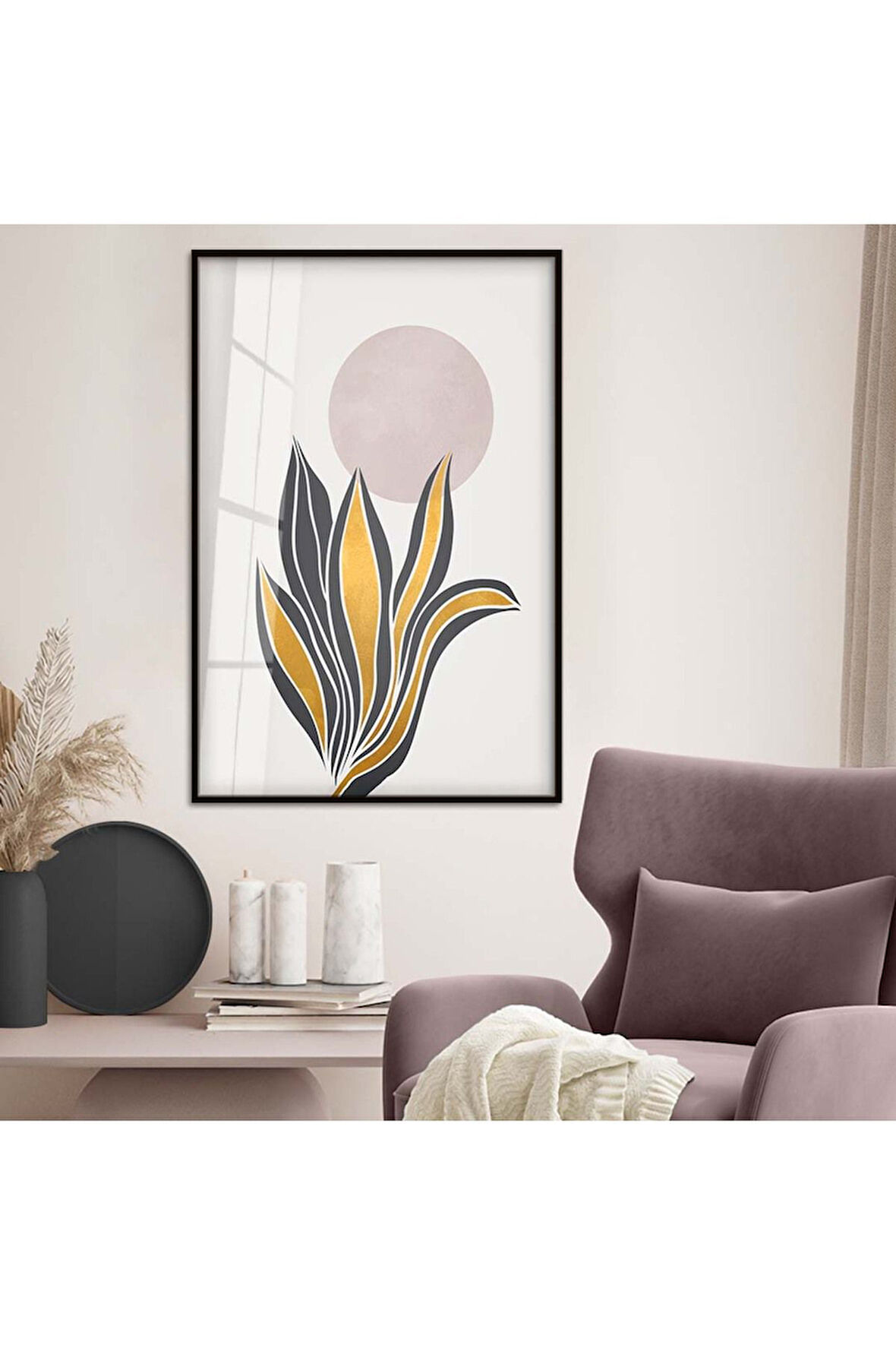 Gold Metal Çerçeveli Kolaj Çizim Modern Tema Kırılmaz Cam Tablo