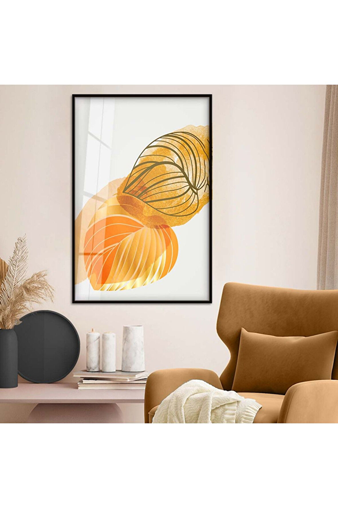 Gold Metal Çerçeveli Kolaj Çizim Modern Tema Kırılmaz Cam Tablo